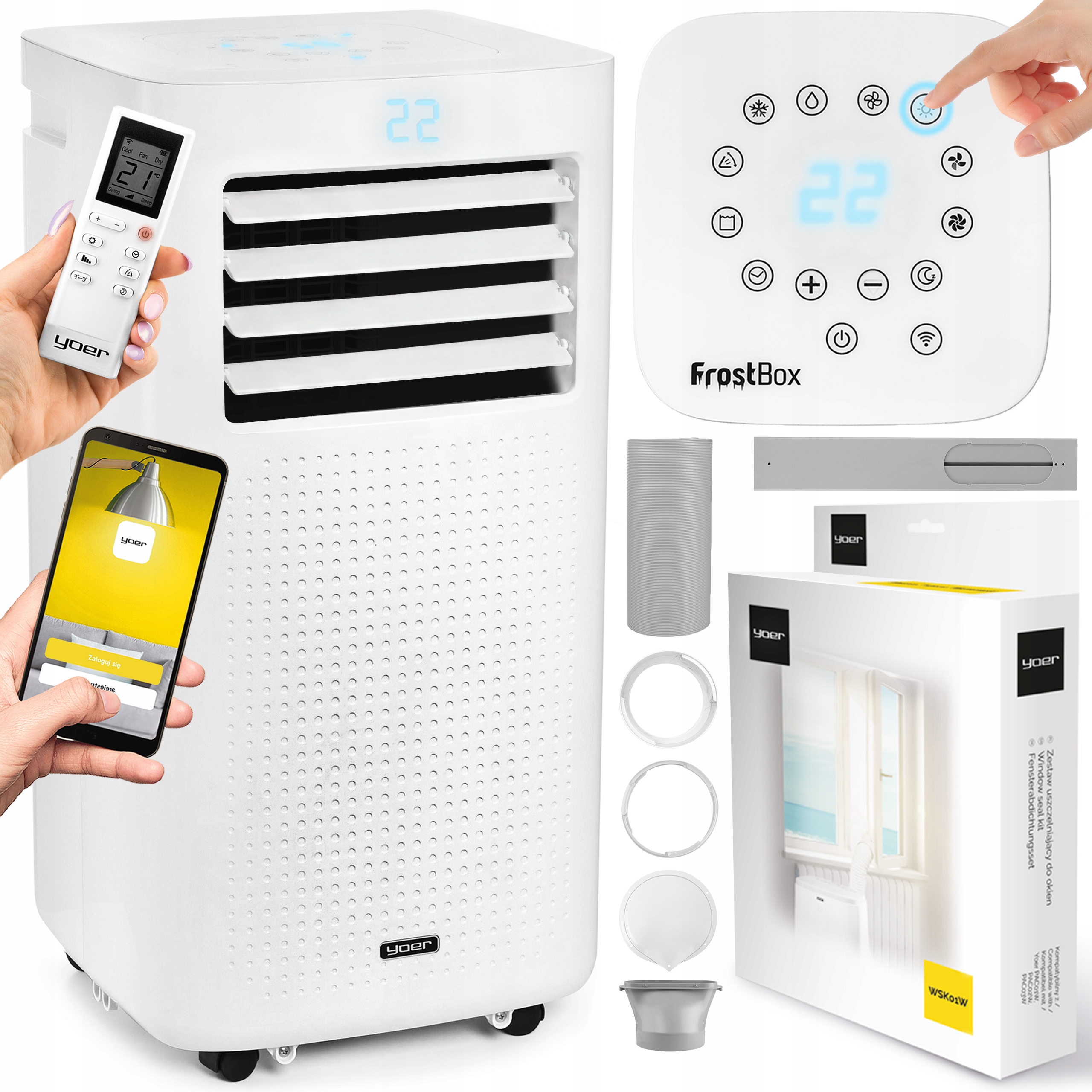 Klimatyzator przenośny Cichy Mały 3kW 30m2 Yoer Osusza WiFi Funkcja grzania