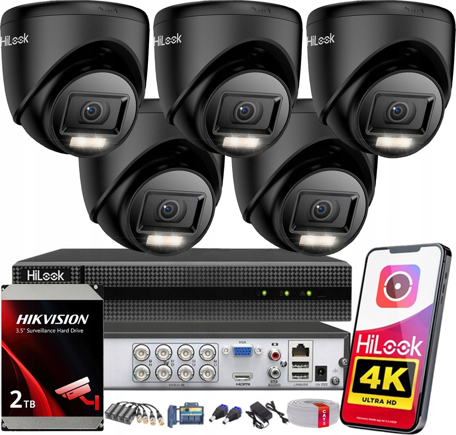 Venkovní monitorování 5 kamer Ahd Tvi CVI 8MPx 4K HiLook od Hikvision 2TB