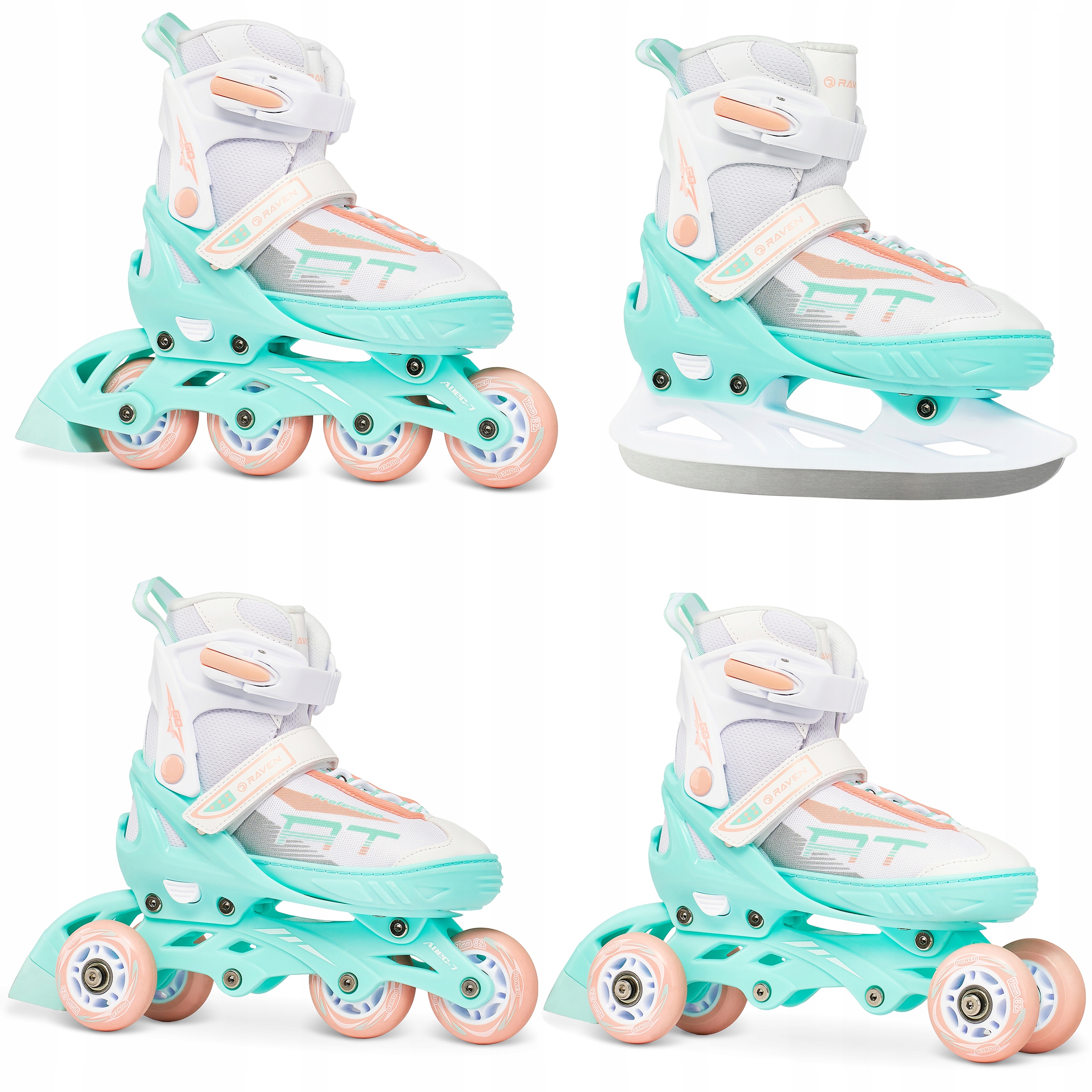 Rolki Wrotki Łyżwy hokejowe 4w1 Raven Profession White/Mint/Orange 35-39