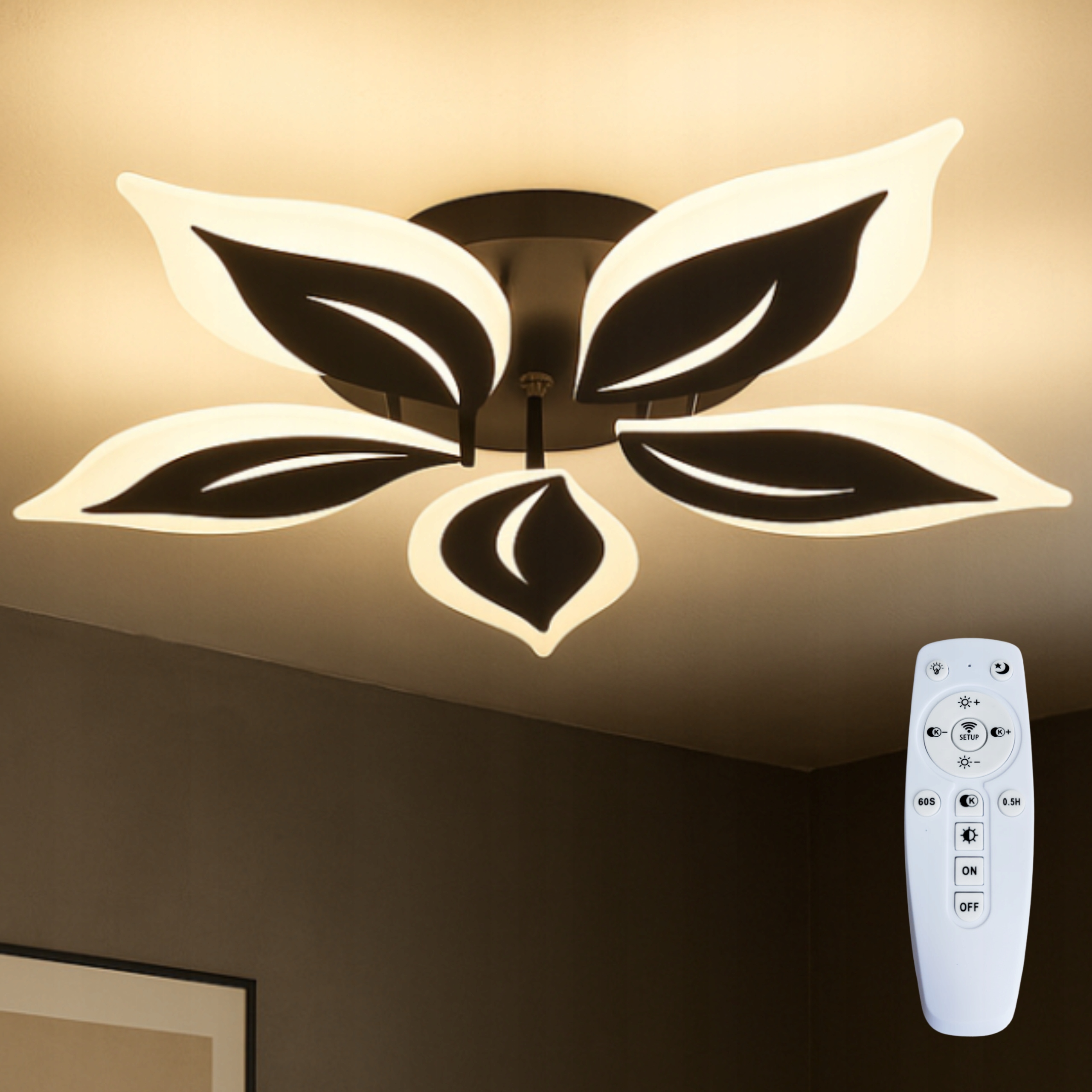 Závěsná lampa Stropní Svítidlo Led lotosový květ černá, moderní Dálkový Ovladač