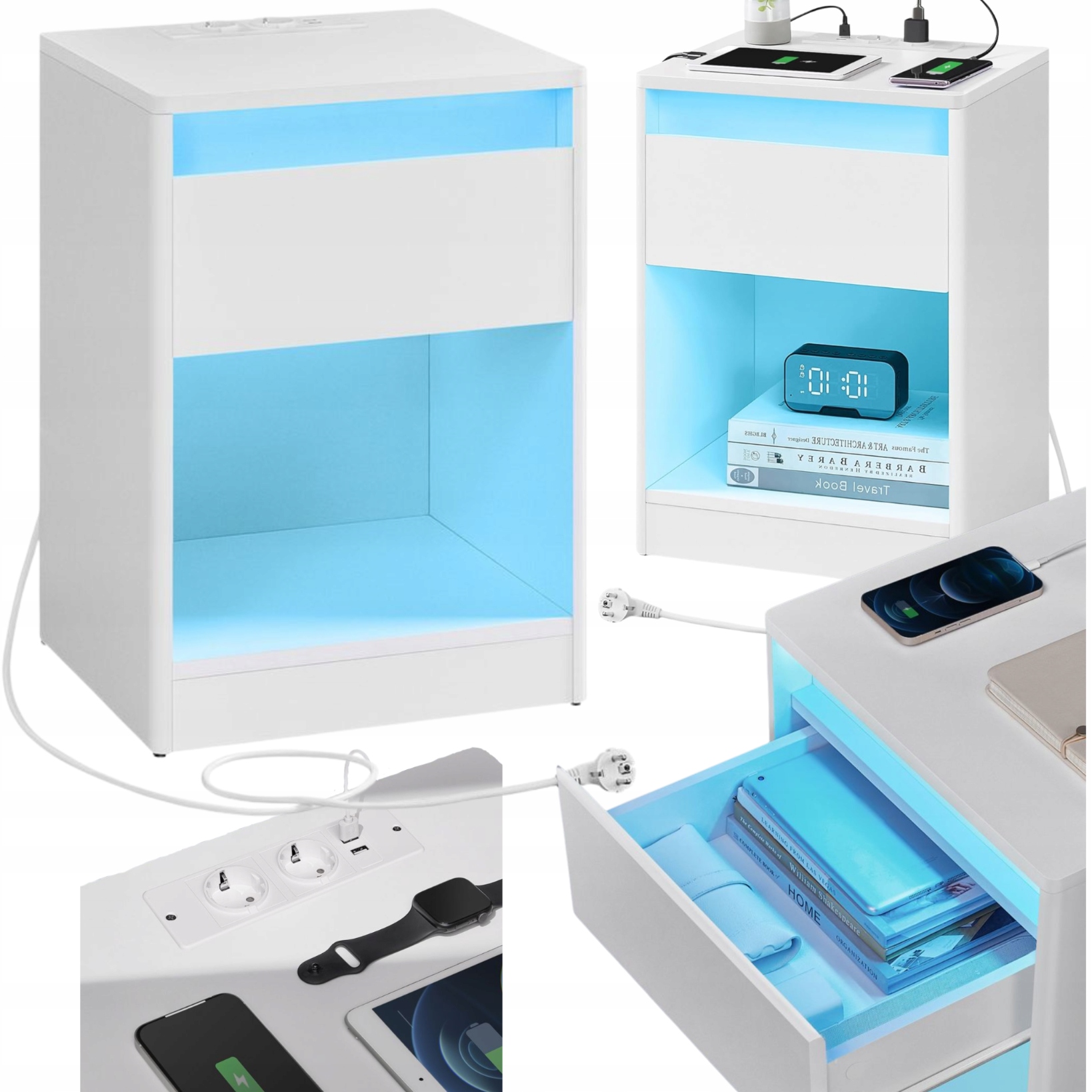 Led stolík s nabíjacou stanicou Nočná Skrinka s zásuvkou Stolík Biely s Usb