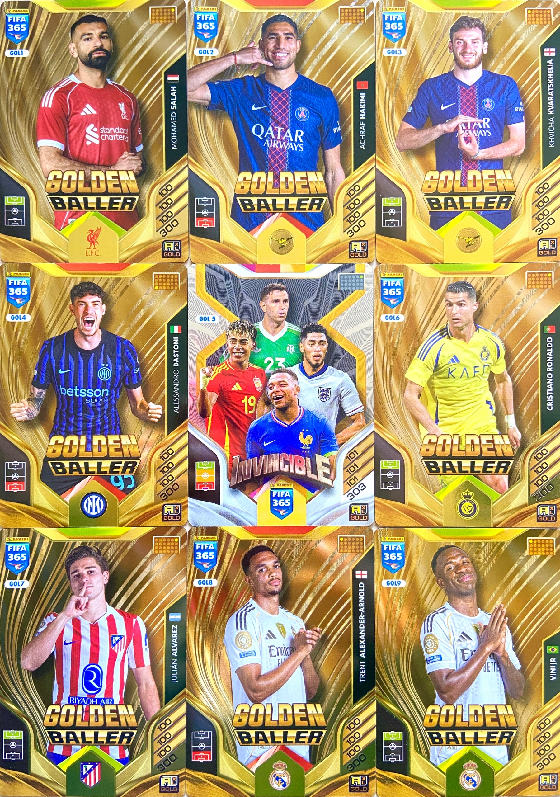 Panini Fifa 365 2026 Rare Golden Baller Invincible komplet 9 kart