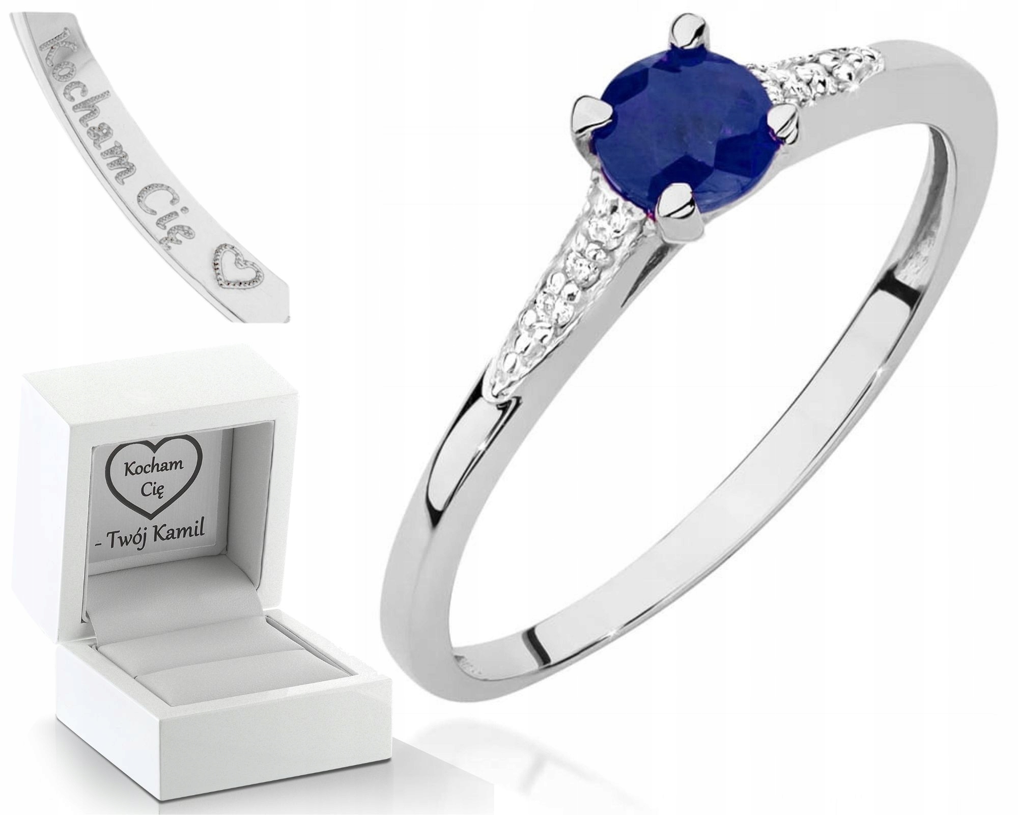 Zlatý Prstýnek Pro Zásnuby, Safír A Brilianty, Bílé Zlato, Gravírování 585