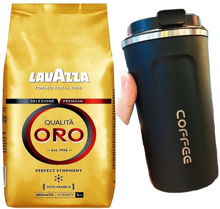 Levně Sada Káva Lavazza Qualita Oro 1 kg Černý termický cestovní hrnek