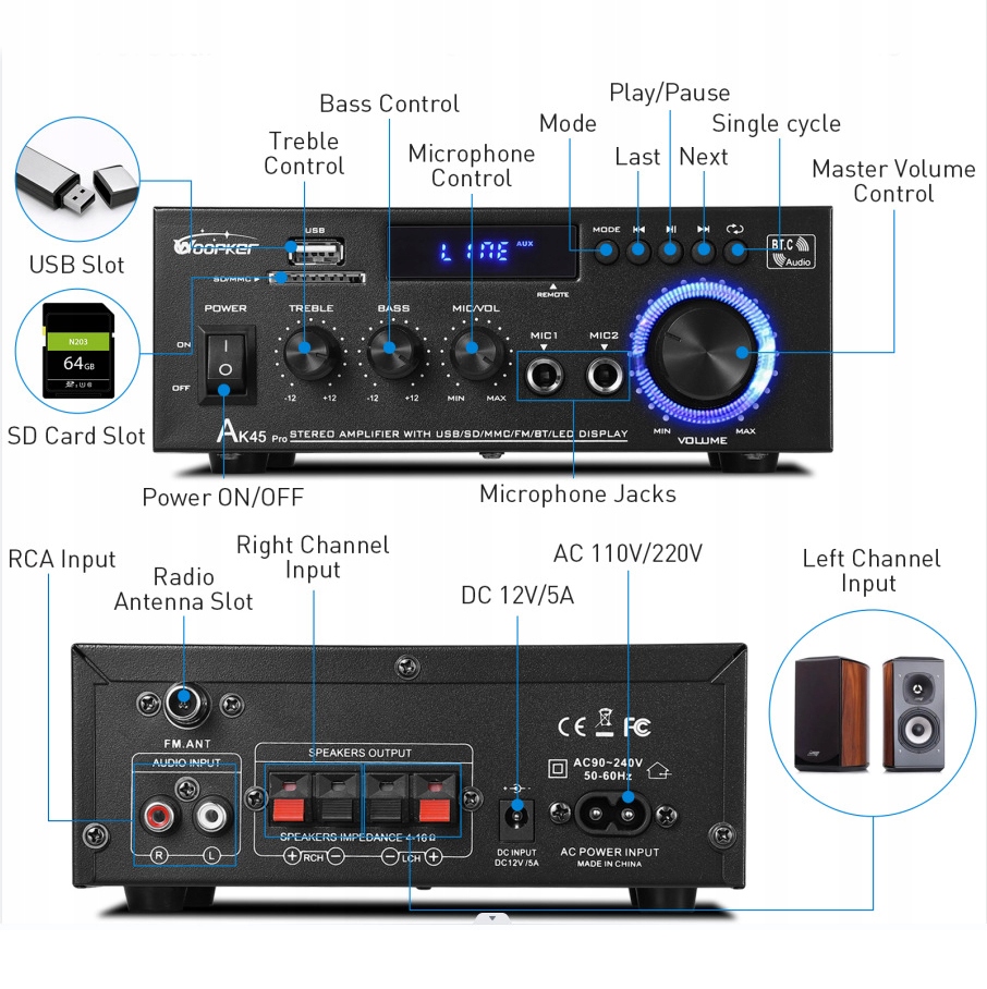 PRZENOŚNY MINI WZMACNIACZ MOCY, 2 KANAŁOWY WZMACNIACZ BLUETOOTH HIFI STEREO Model 600W Bluetooth Mini AV-628BT