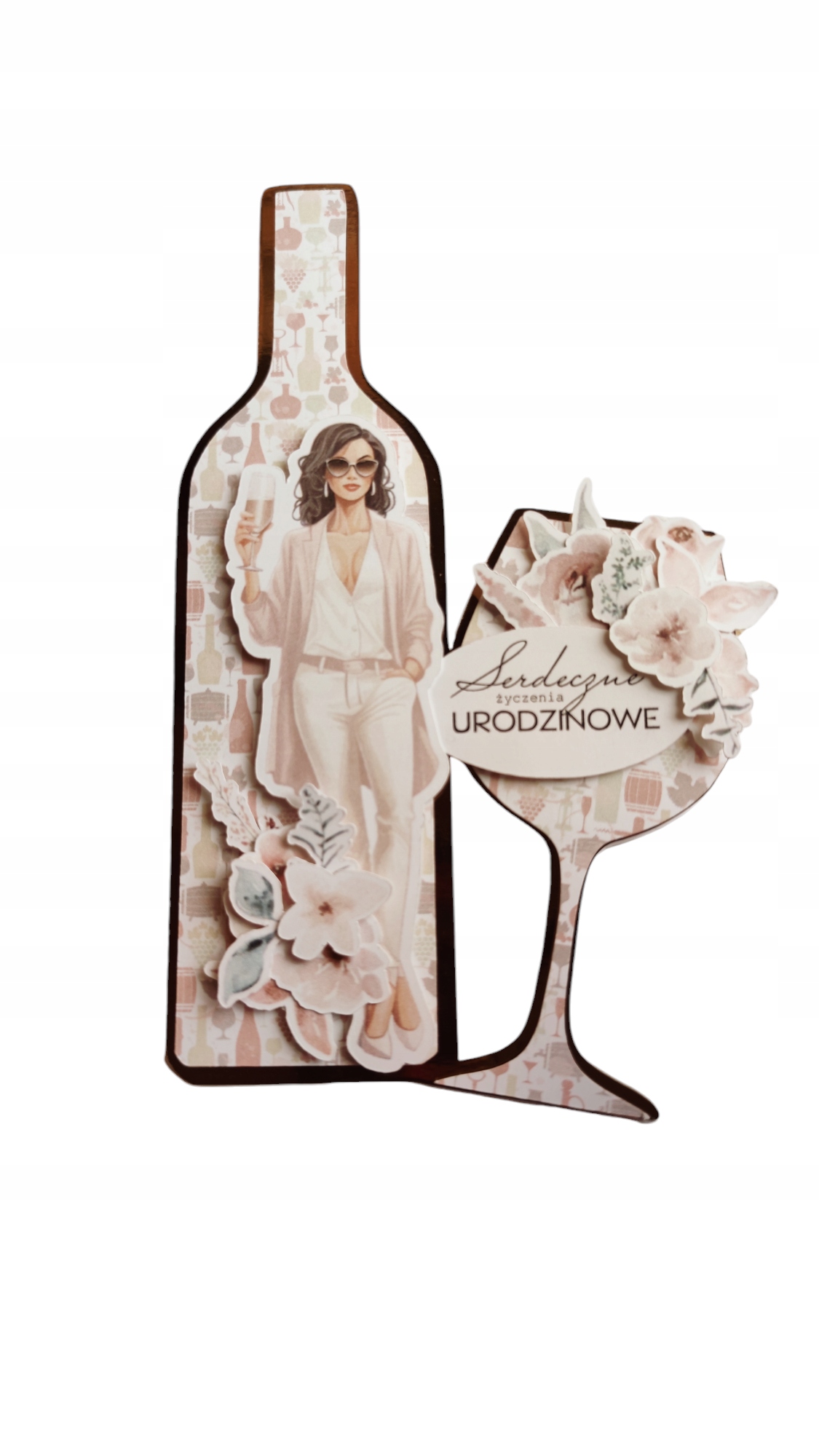 Přání k narozeninám, láhev vína se sklenkou, v krabičce s okénkem