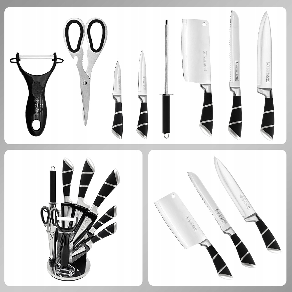 Sada Kuchyňských Nožů 9 Dílů Otočný Blok Kuchyně Ostrý Černý