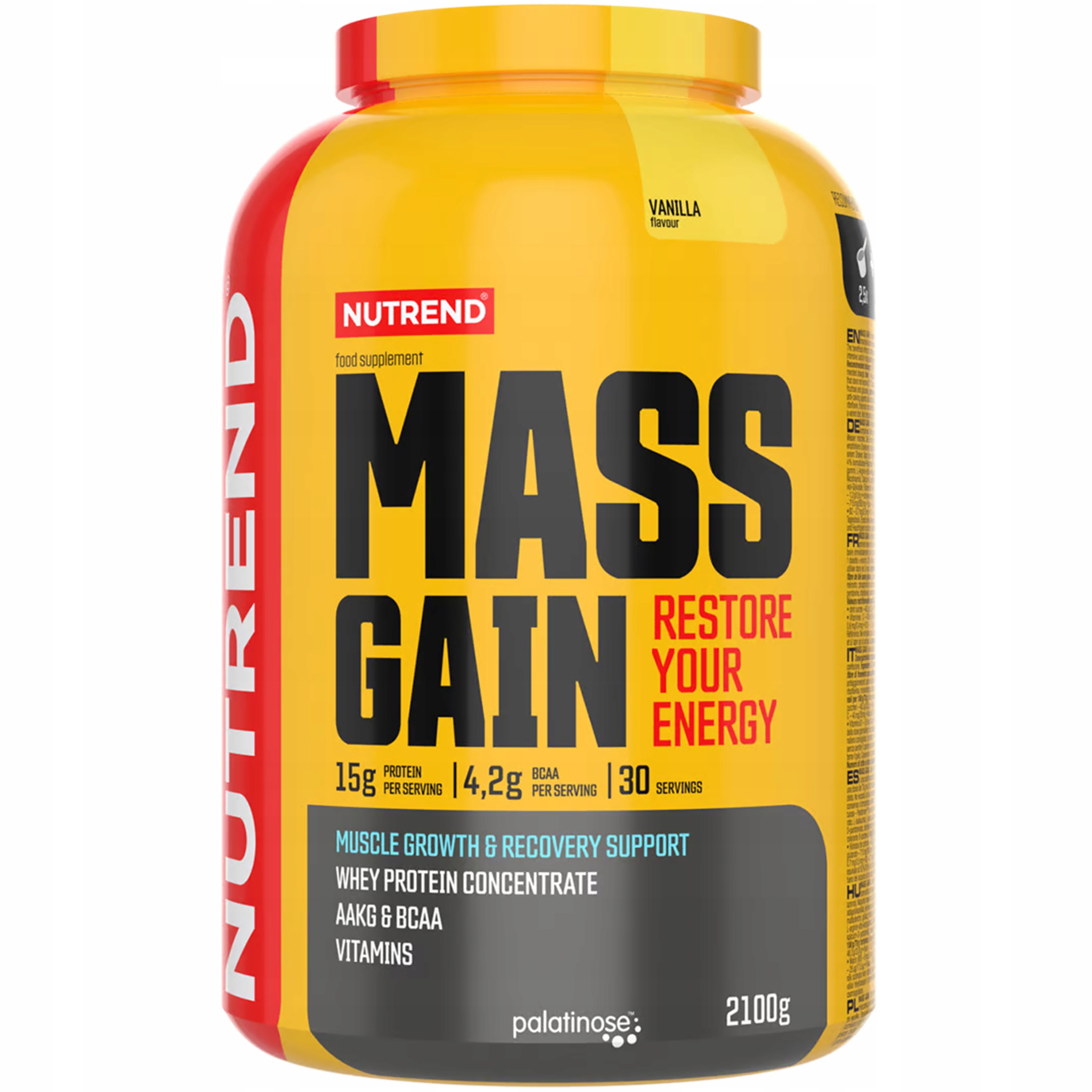 Gainer Nutrend Mass Gain 2100 g Vanilka Bílkoviny Sacharidy Svalová hmota