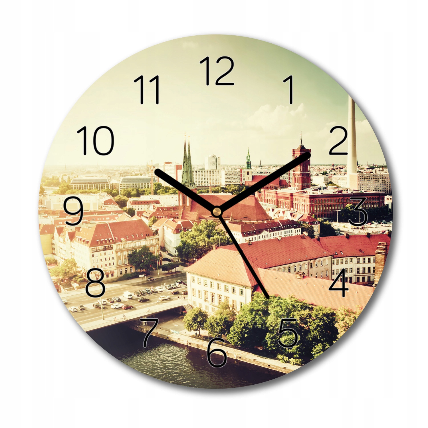 

zegar na szkle Domy rzeka most czarne cyfry fi 30