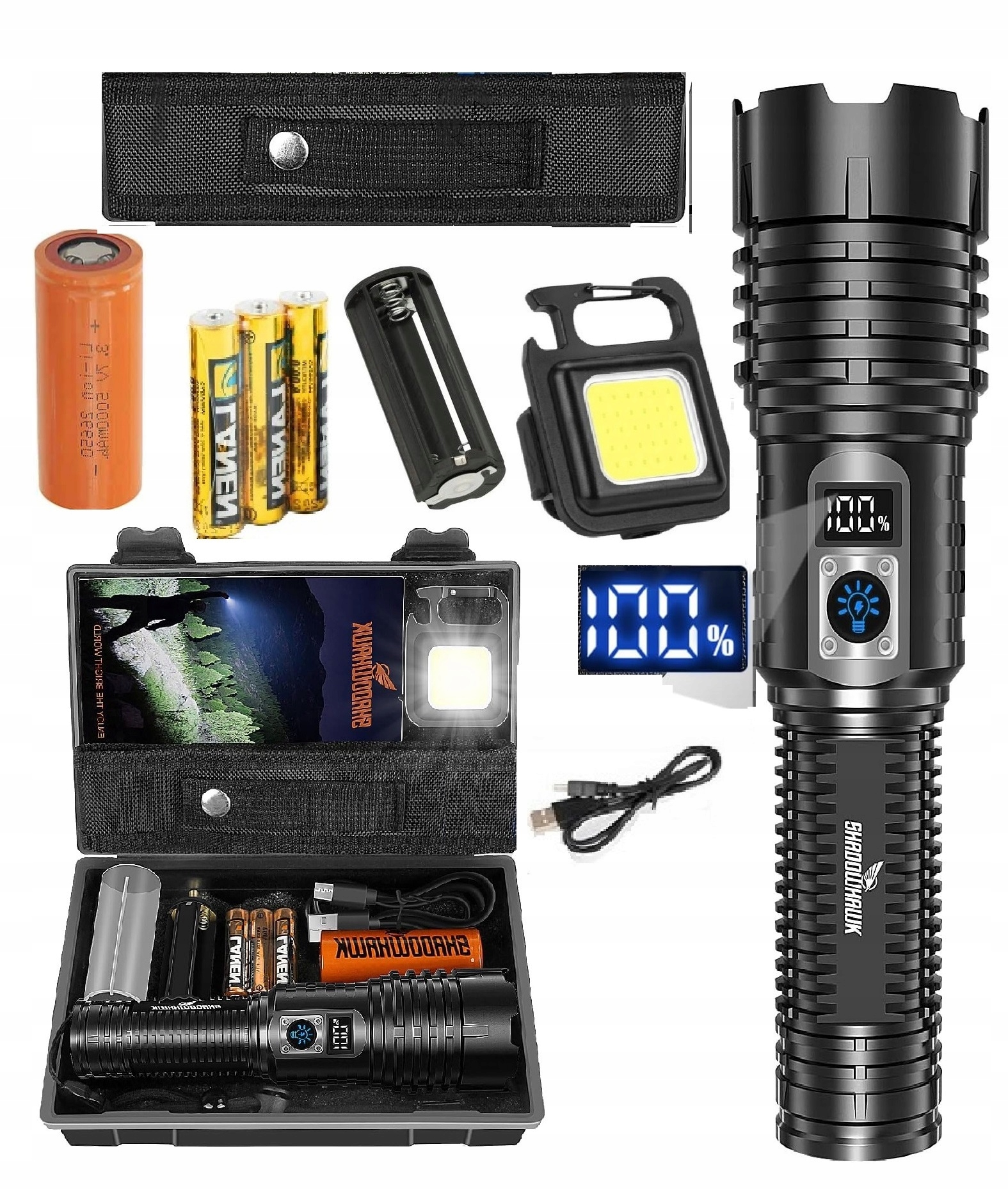 Výkonná Taktická Led Svítilna 20000 L Vojenská Powerbanka dárek Shadowhowk