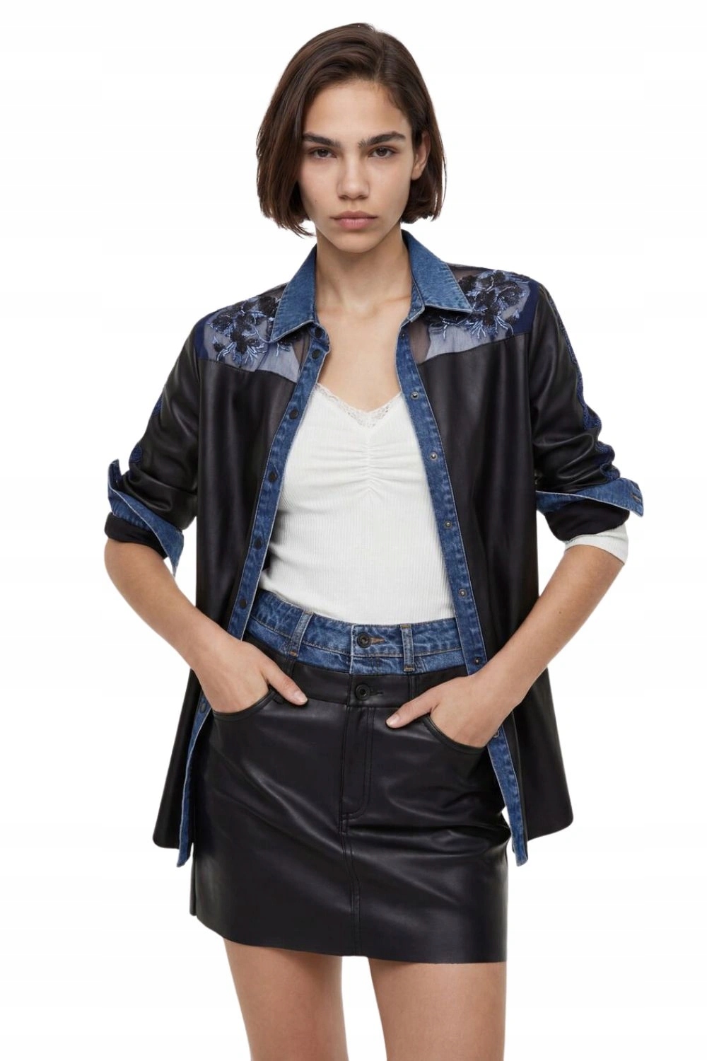 Sukně Desigual od Marie Curie z imitace kůže a džínoviny vel. S