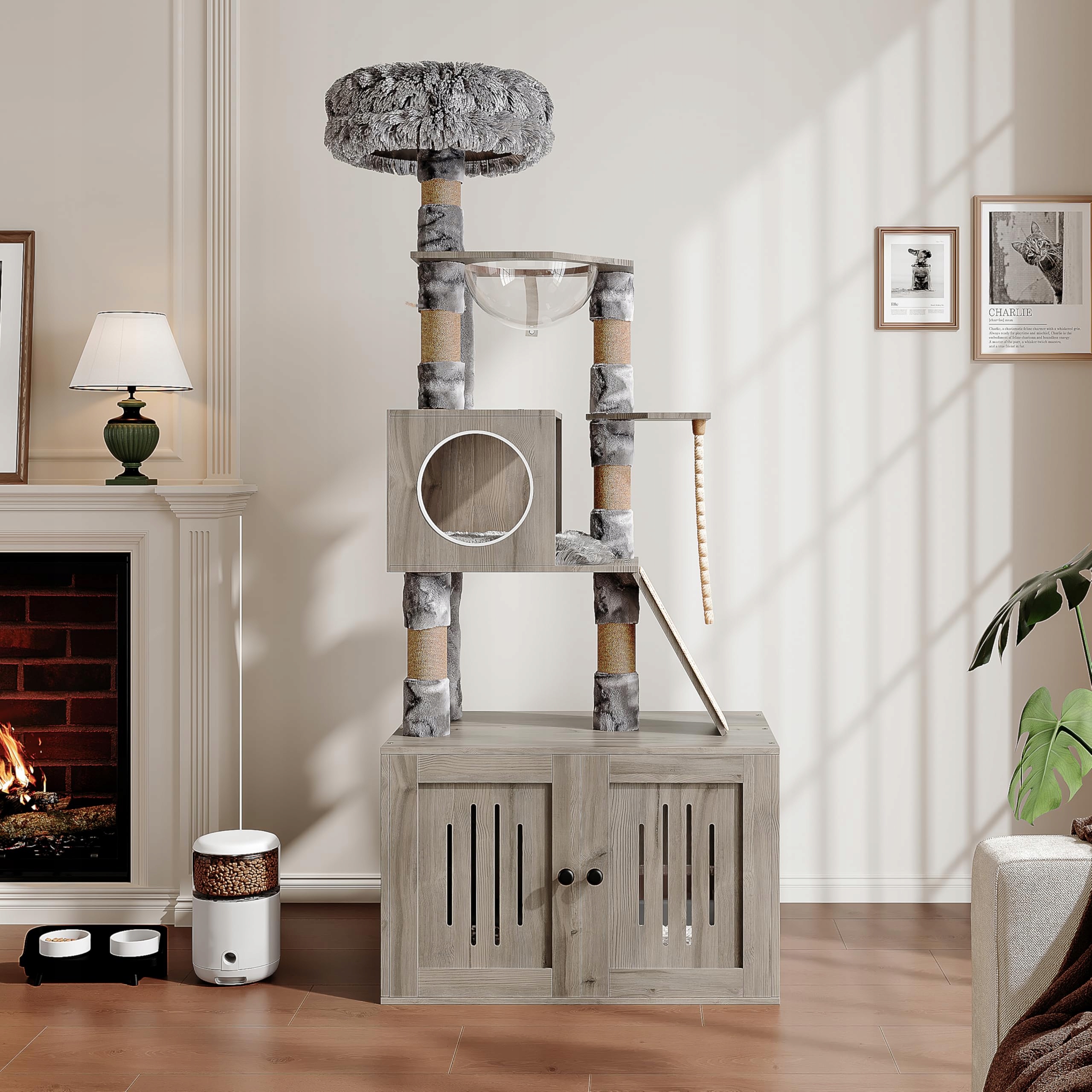 Levně Dřevěný škrabací strom pro kočky 170 cm se skříňkou, domečkem a sisalovým lanem, šedý