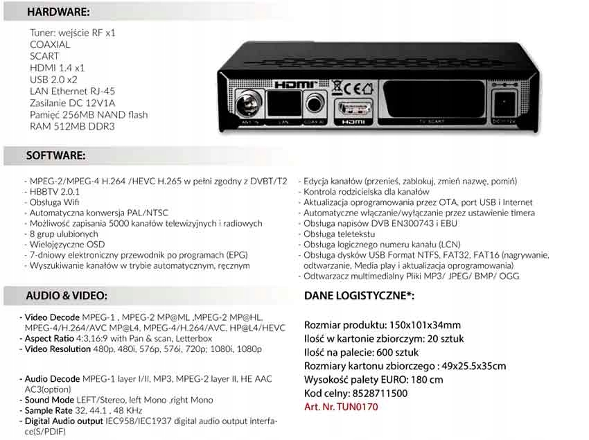 OPTICUM HbbTV T-BOX DVB-T2 H.265 HEVC Standard kodowania MPEG-4 H.264 (MPEG-4 AVC) H.265/HEVC