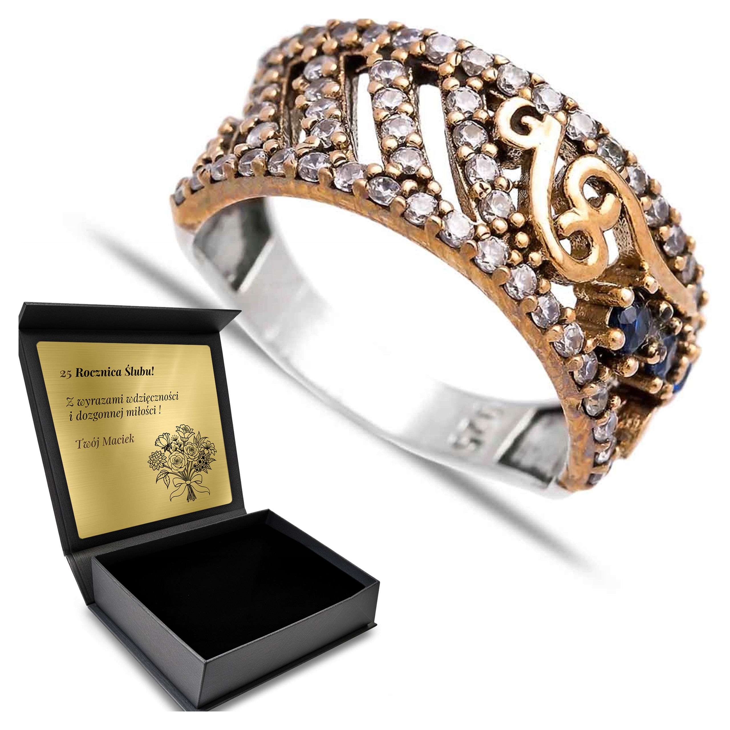 Prstýnek Srerbny 925 Zirkony Safír Dárek k Valentýnu Gravírování Bonus