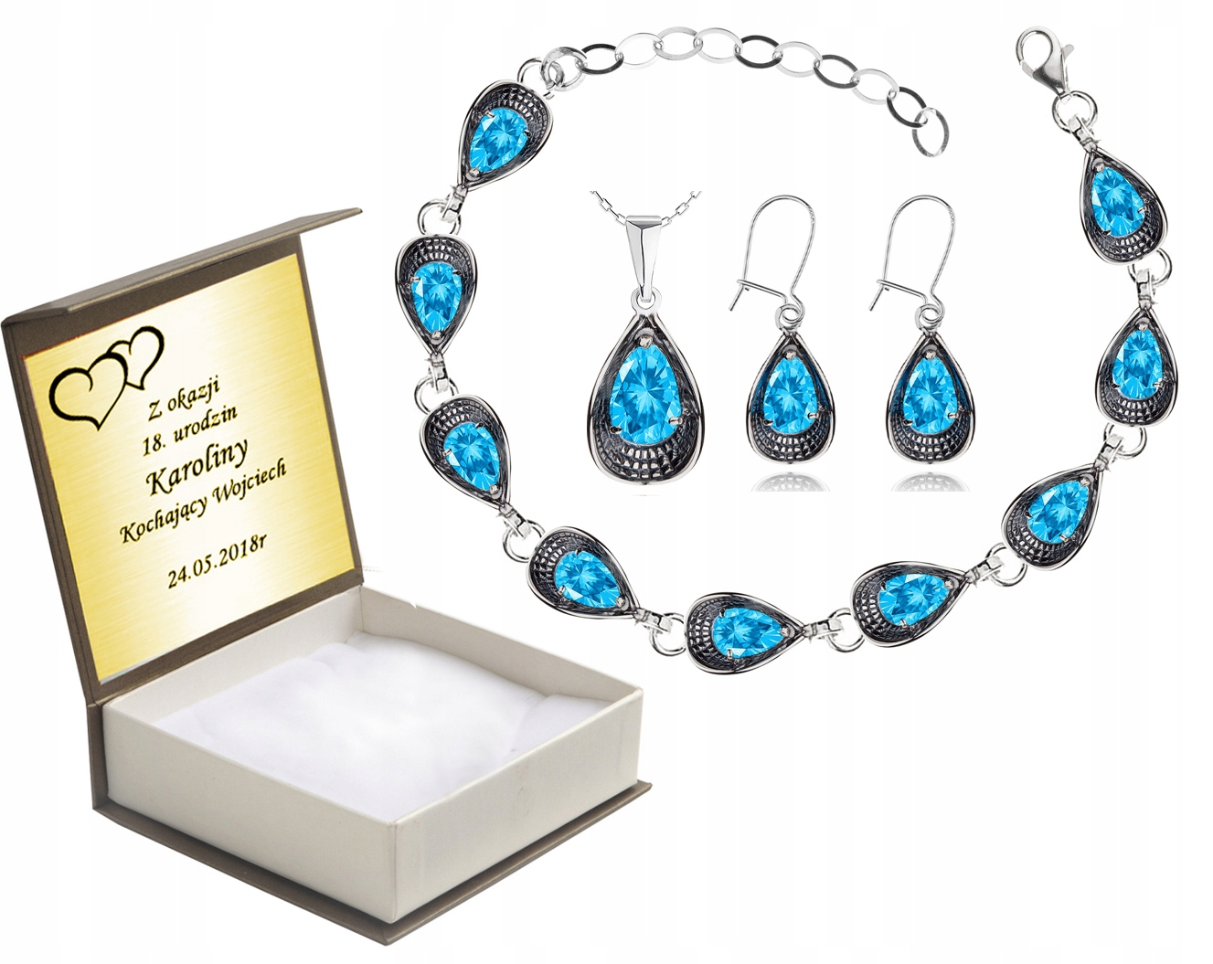 

Komplet Biżuterii Z Błękitnymi Cyrkoniami + Grawer