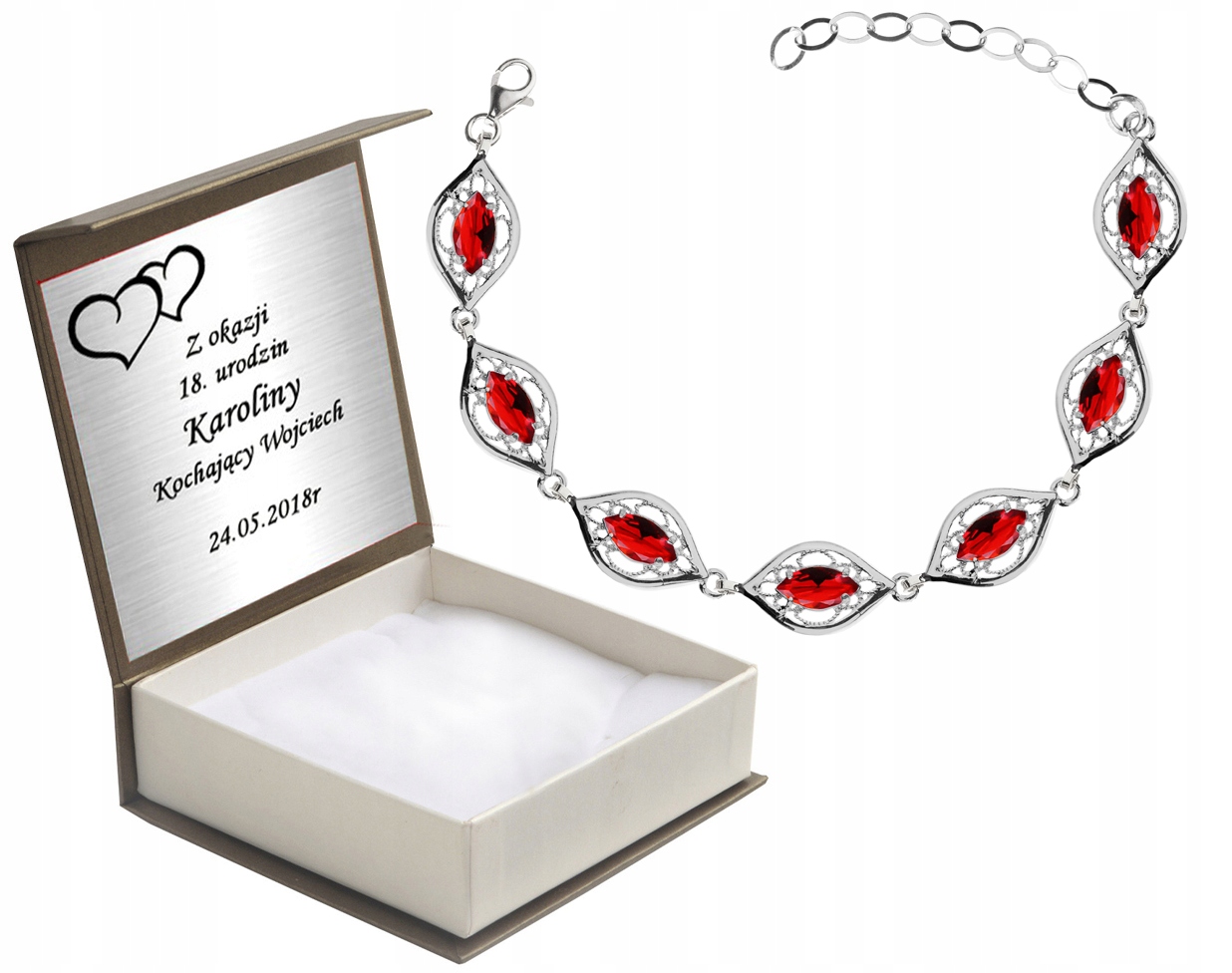 

Bransoletka Srebrna Z Czerwonymi Cyrkoniami Grawer