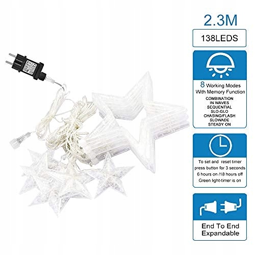 INTERGO Kurtyna Świetlna Dekoracja Świąteczna Gwiazdy 8 Trybów 138 LED — miniatura 7