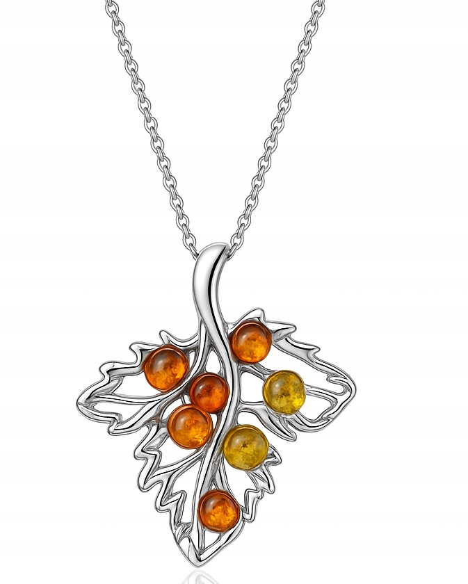 Stříbrný náhrdelník řetízek dámský s přívěskem jantar přírodní listy