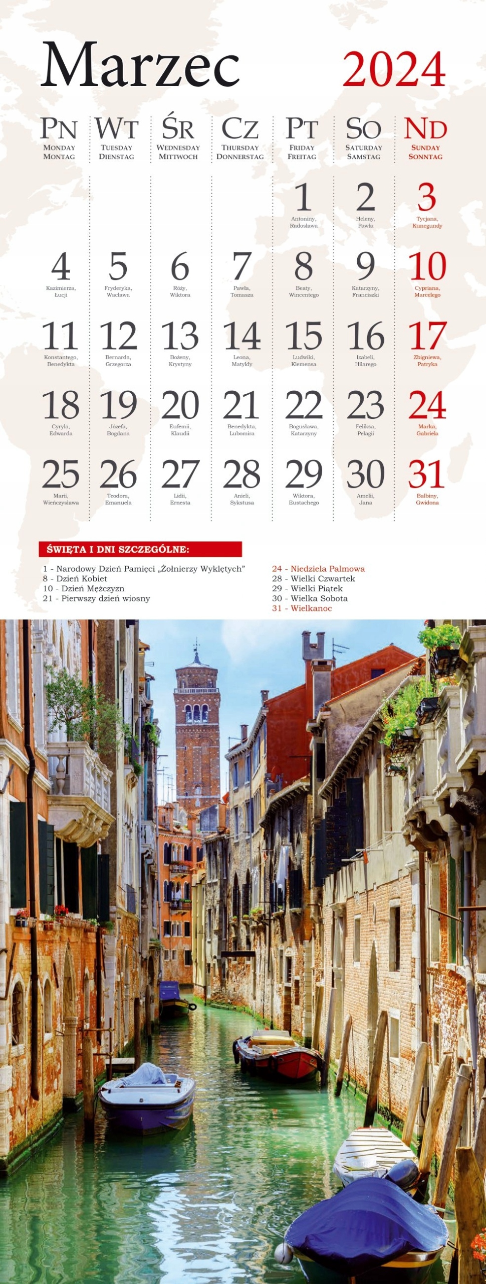 KALENDARZ PASKOWY POCZTÓWKOWY PODRÓŻE 12,5 X 33 CM 2024 Kalendarz na rok 2024