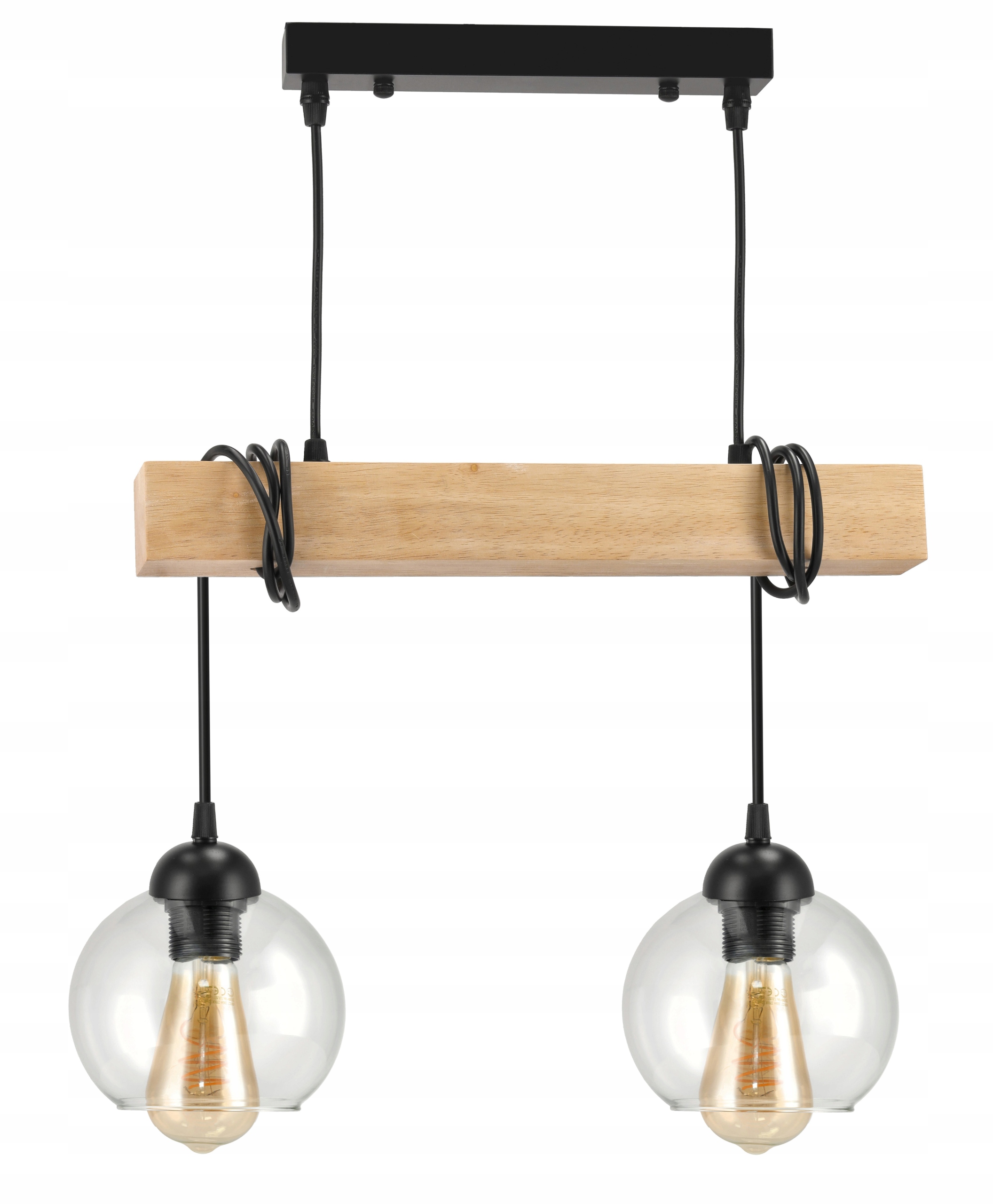 Závěsné Stropní Svítidlo Lustr Bezbarvá Led koule Dřevěný nosník 2x E27