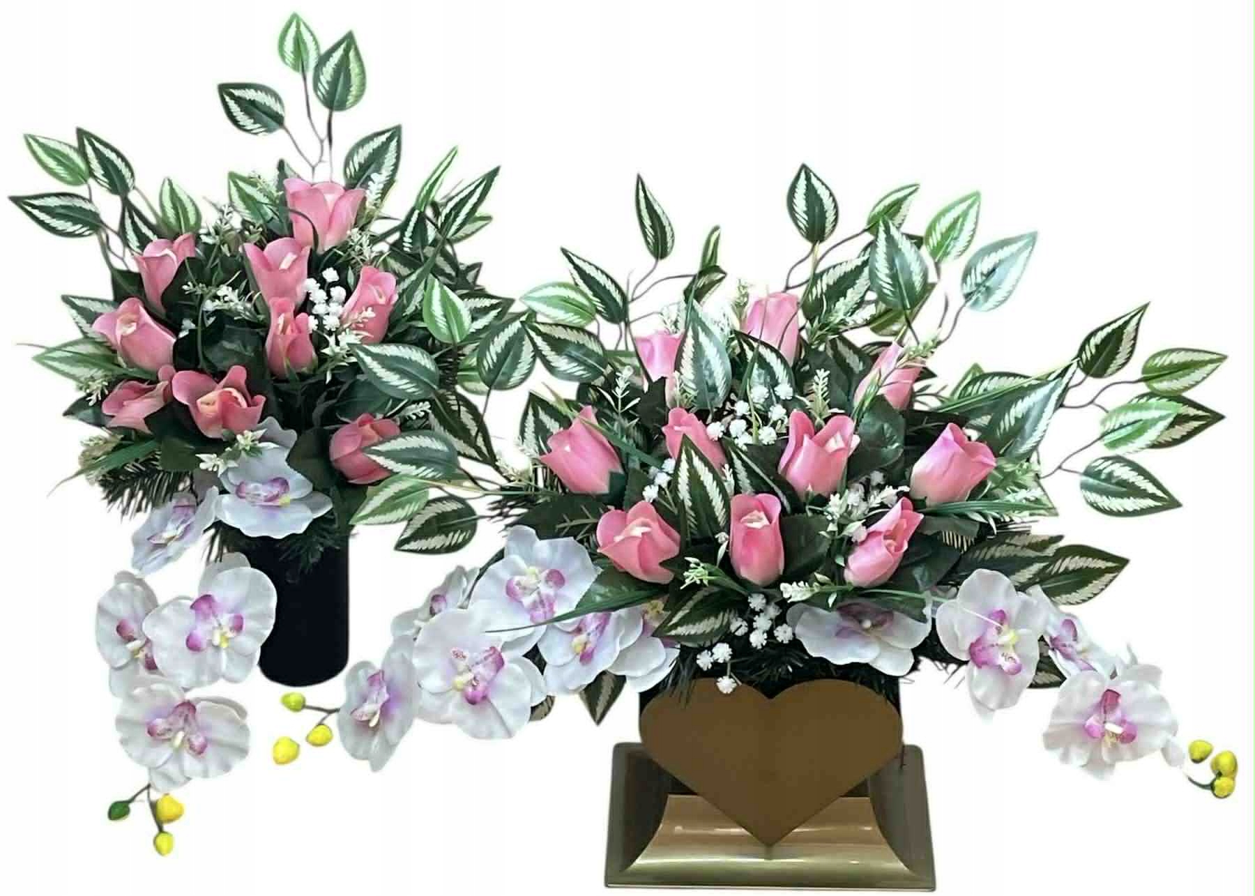 STROIK KOMPLET GRÓB KOMPOZYCJA CMENTARZ SERCE RÓŻE FLAKON BUKIET WIĄZANKA