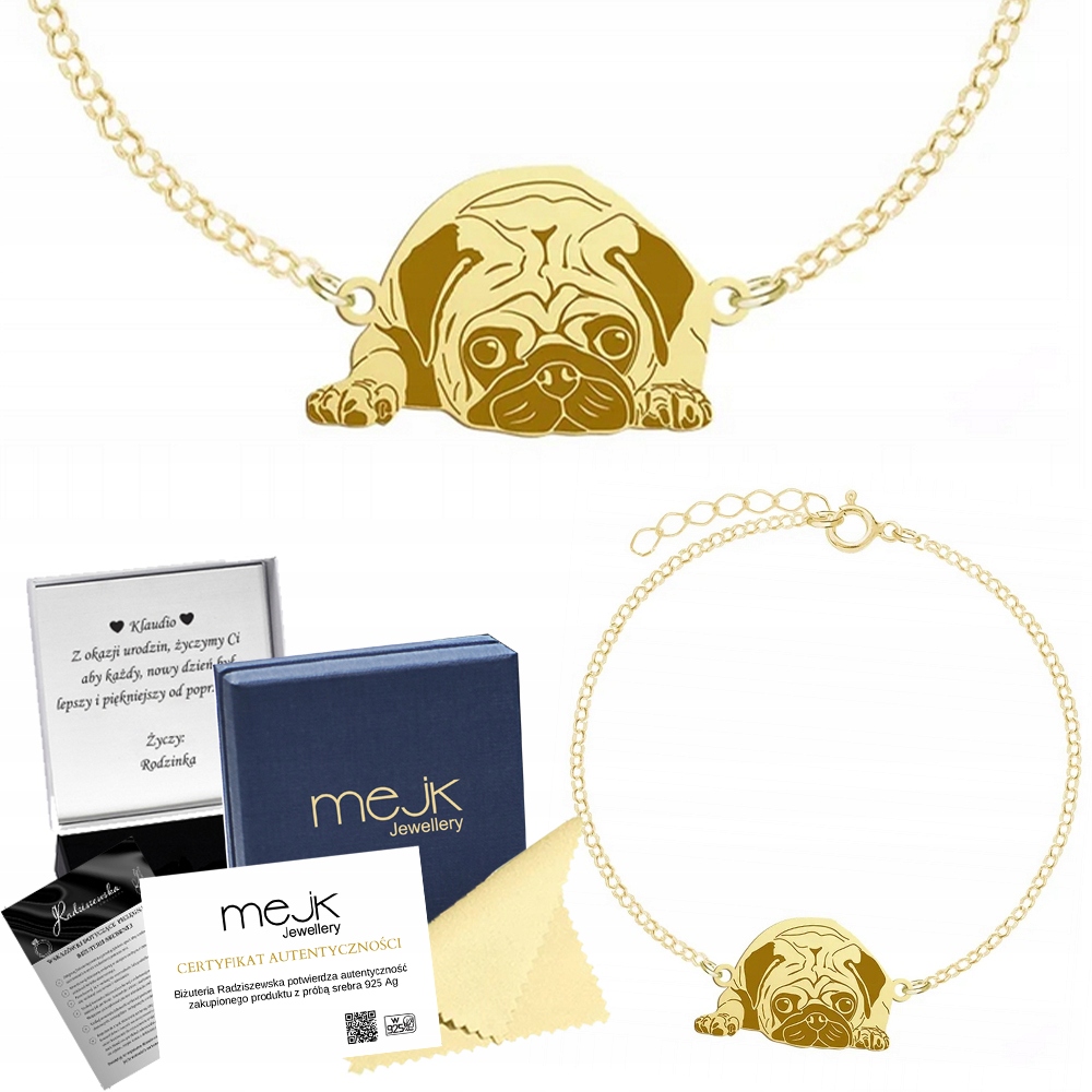 Zlatý náramek s psem Mops Pug 925 Šperky k narozeninám Žena Gravírování