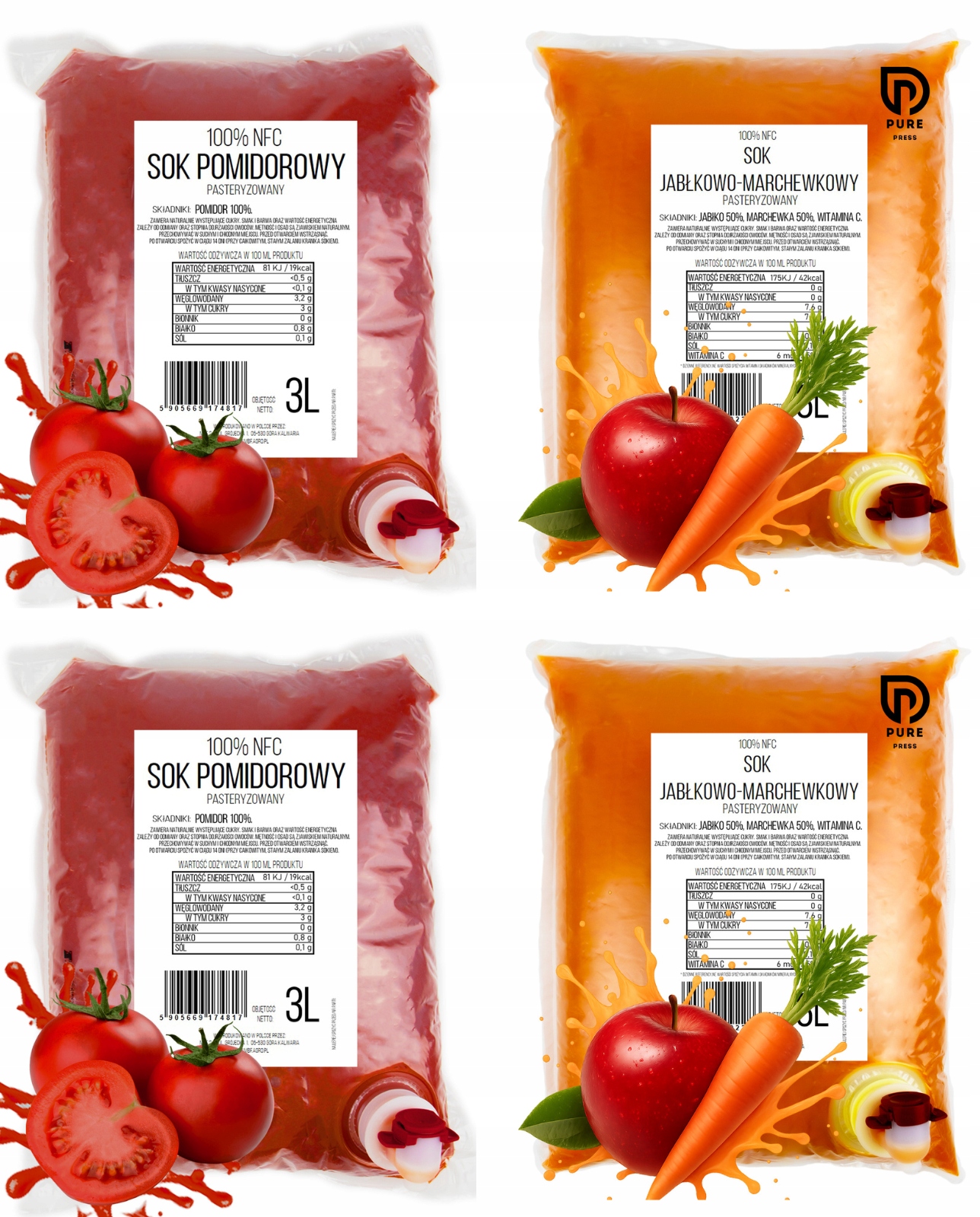 Levně Rajče , Jablečná, Mrkev Šťáva 100% Nfc Pure Liss Set 4 x 3L