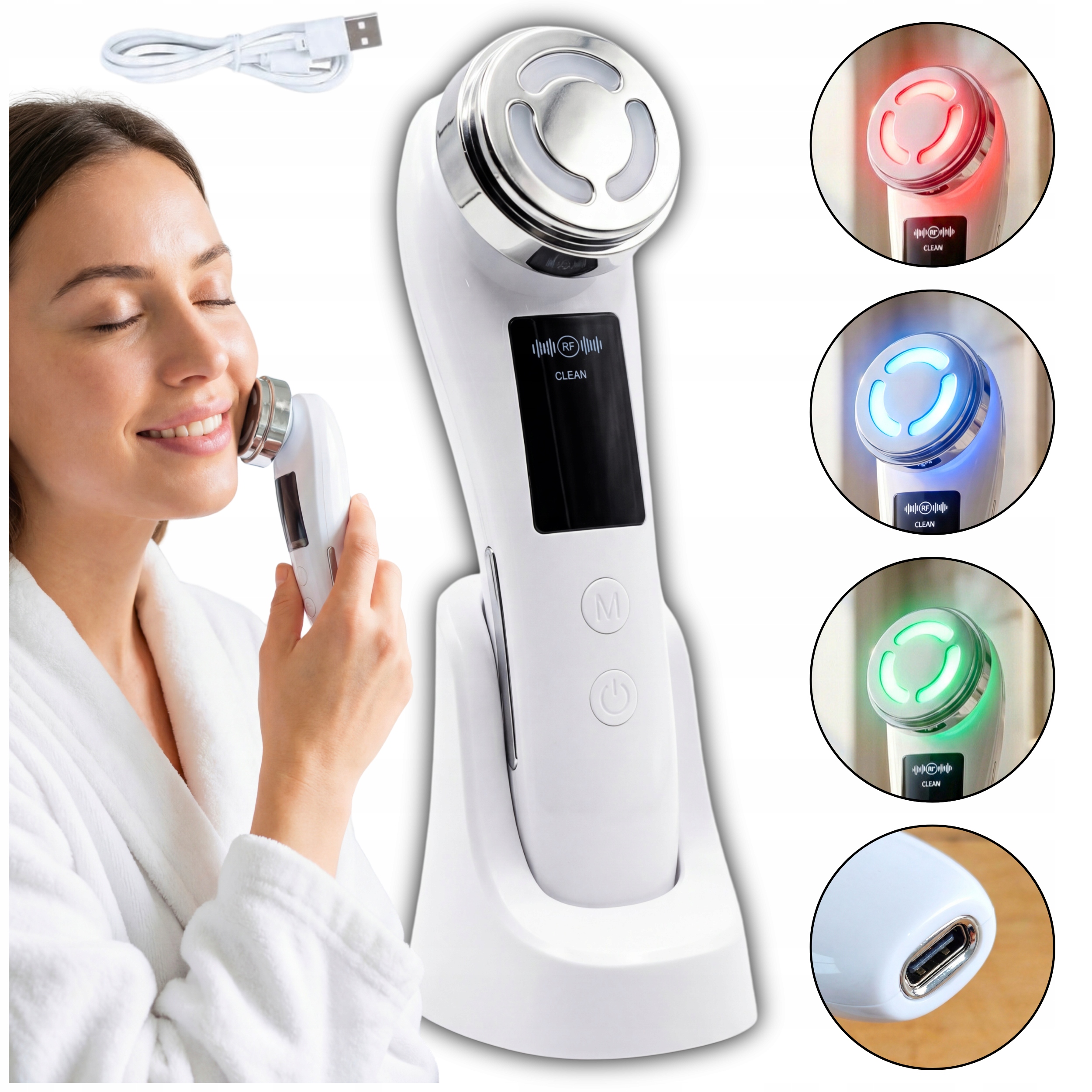 Mezoterapia Bezigłowa Masażer Do Twarzy Elektryczny Ems Lifting Led 5w1