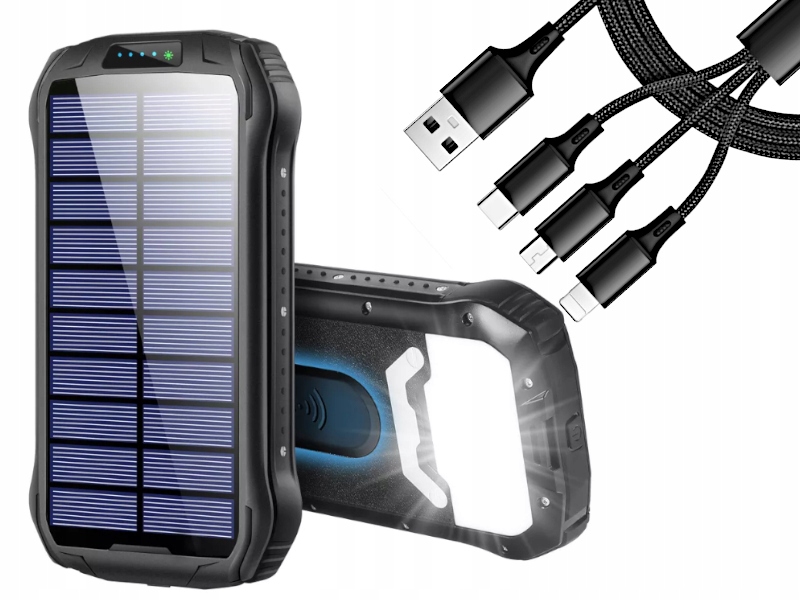 Kapacitní Solární Powerbanka 33500 mAh Survival Kabel 3V1 Pro Více Zařízení