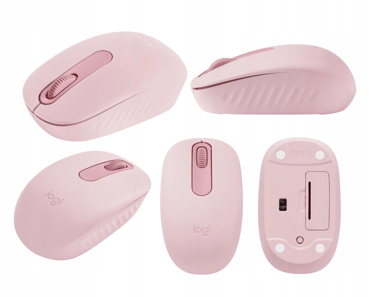 Mała zgrabna bezprzewodowa mysz Logitech M196 do biura do pracy różowa