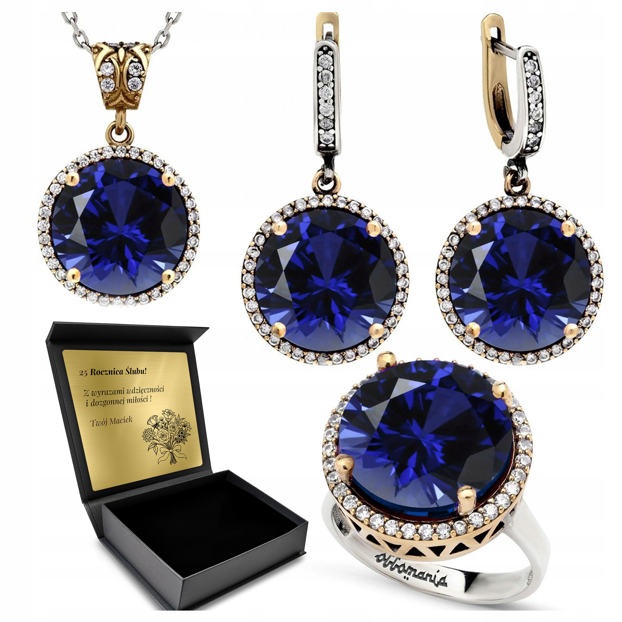 Komplet Šperků 925 S Zirkony A Safírem pro ženy Gravírování Bonus