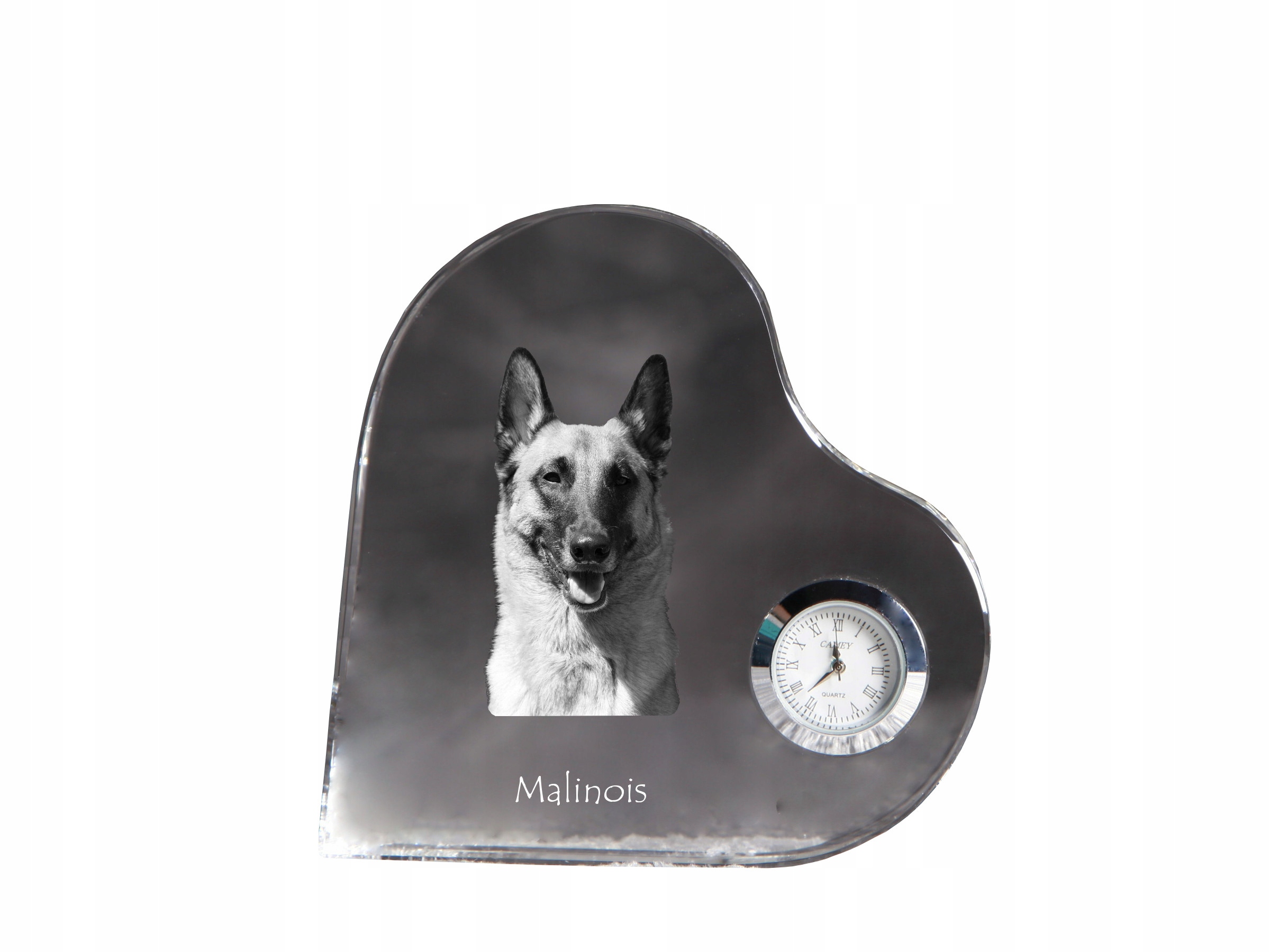 Malinois Belgický ovčiak – krištáľový hodinový strojček v tvare srdca s fotografiou