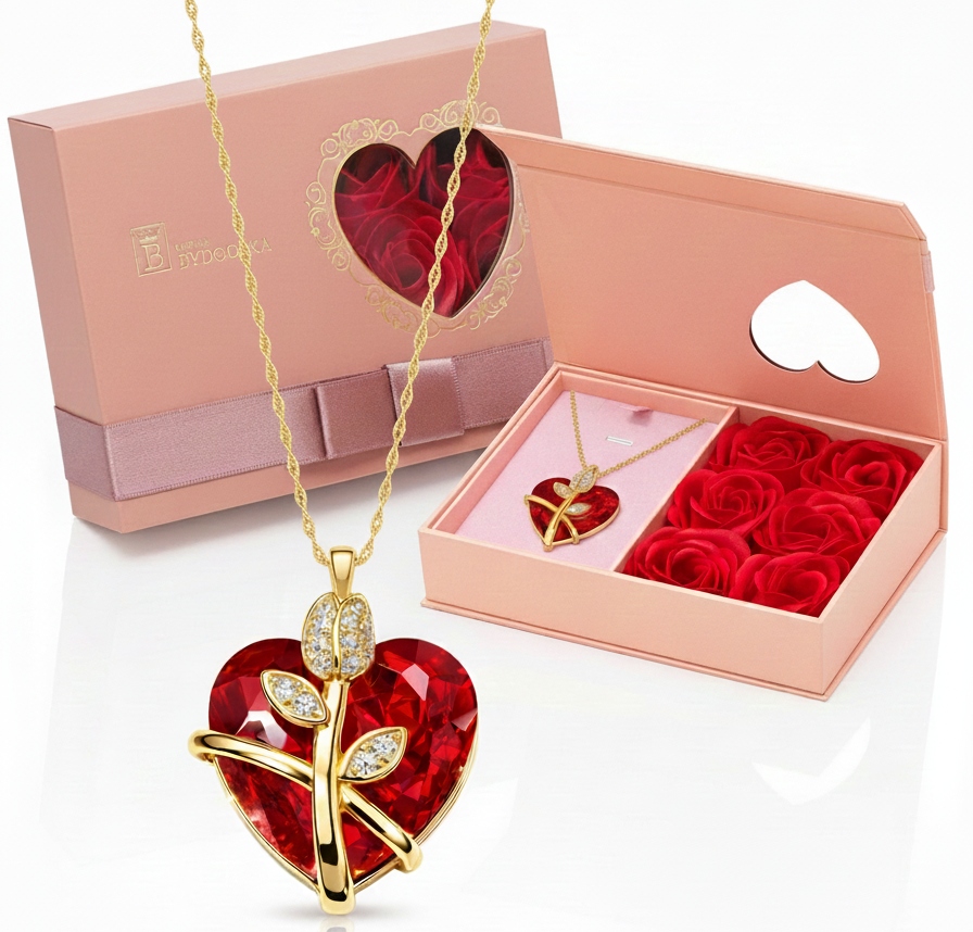 Stříbrný dámský náhrdelník srdce krabička růže stříbro, pozlacené Valentýnem