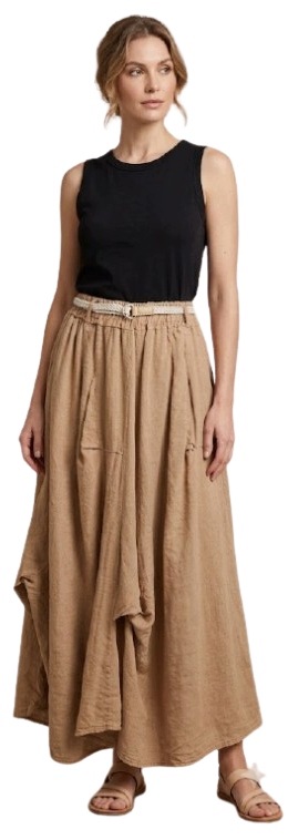 Lniana Sukně Maxi Asymetrická Pásek Boho Puro Lino Italia -199zł-129zł