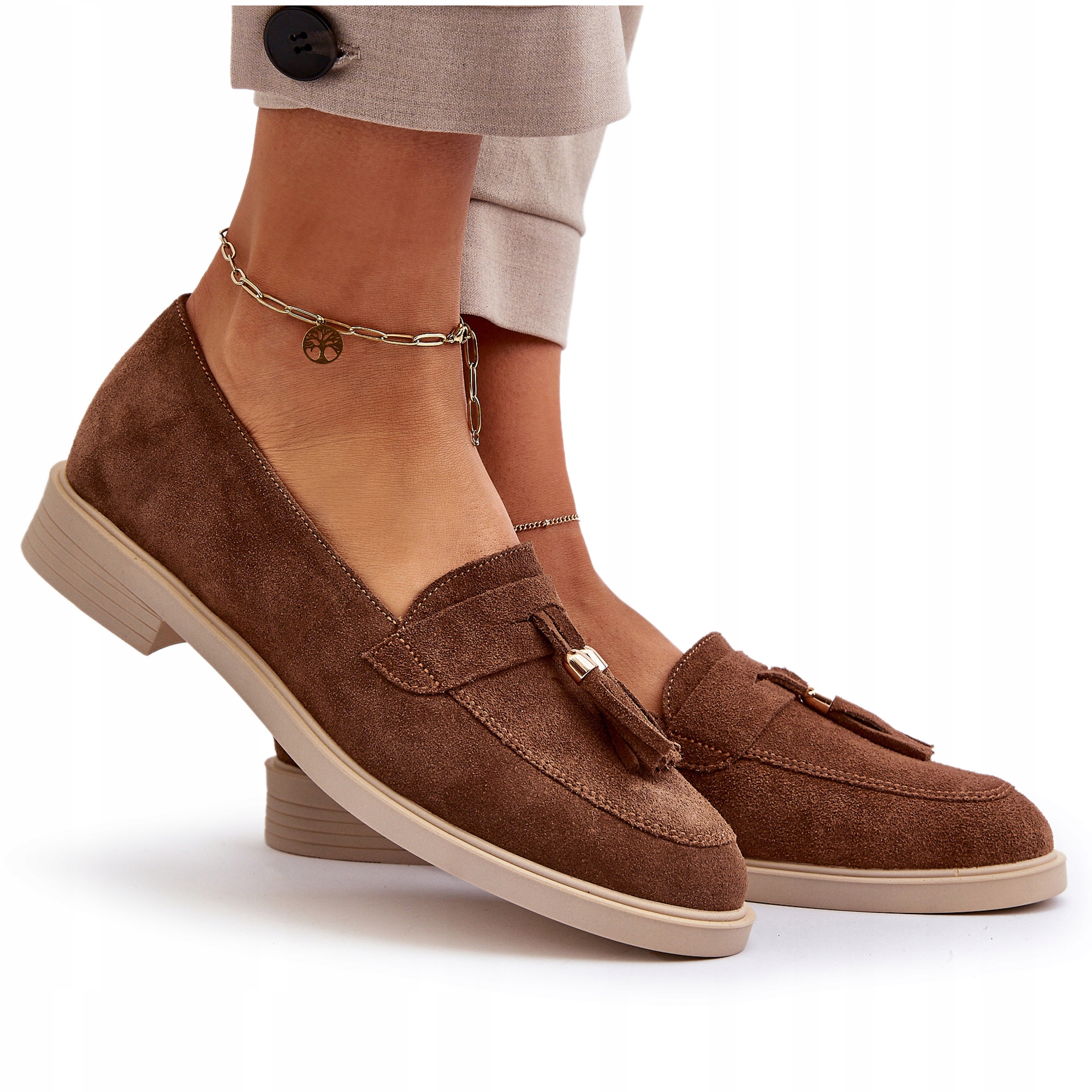 ZAZOO 3420 ZAMSZOWE MOKASYNY DAMSKIE NA PŁASKIM OBCASIE BRĄZOWE 39