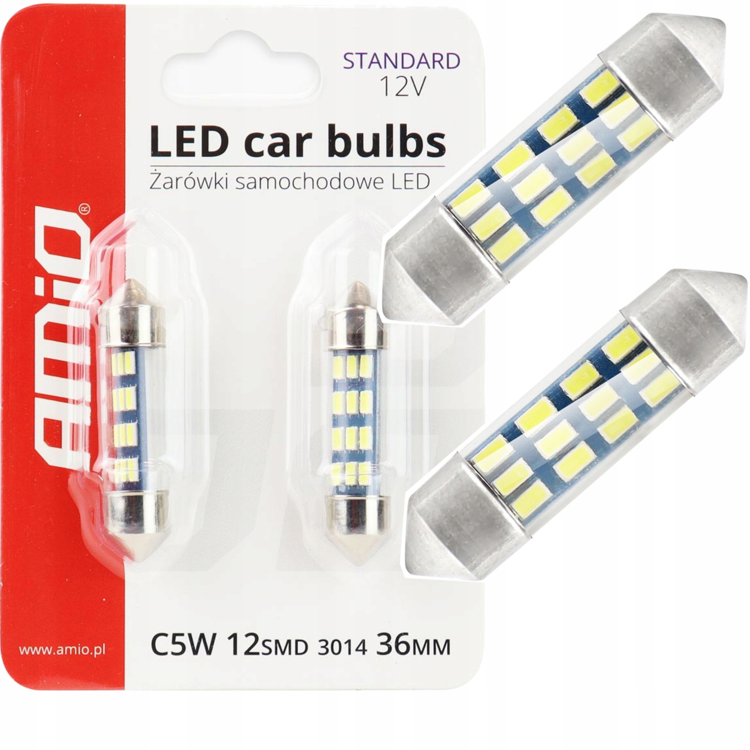 Żarówki Led Standard 3014 12SMD C5W C10W C3W 36mm White 12V Amio-01090