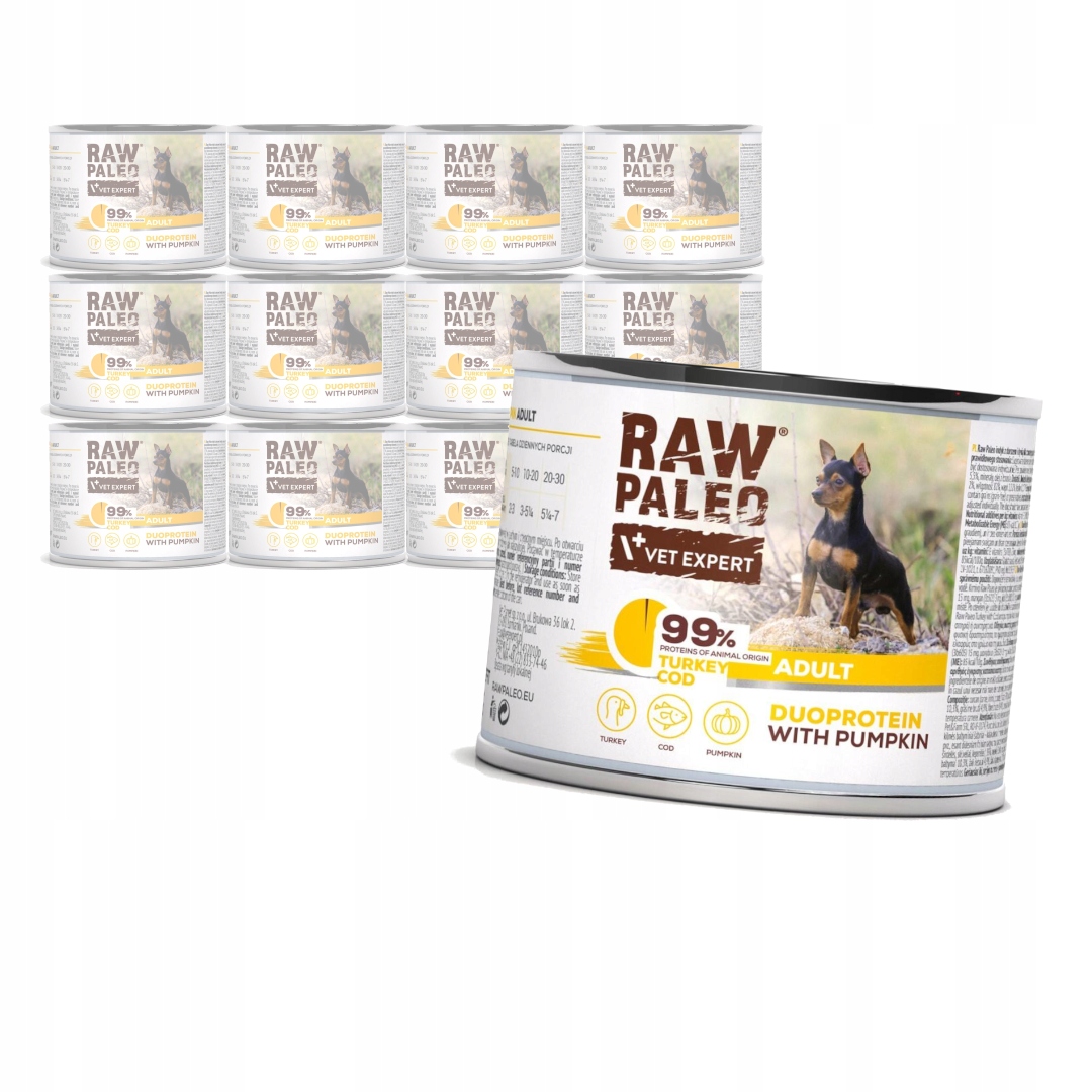 Levně Raw Paleo Adult Duo 12x200g Vlhké Krmivo pro psa s krůtím masem a treskou