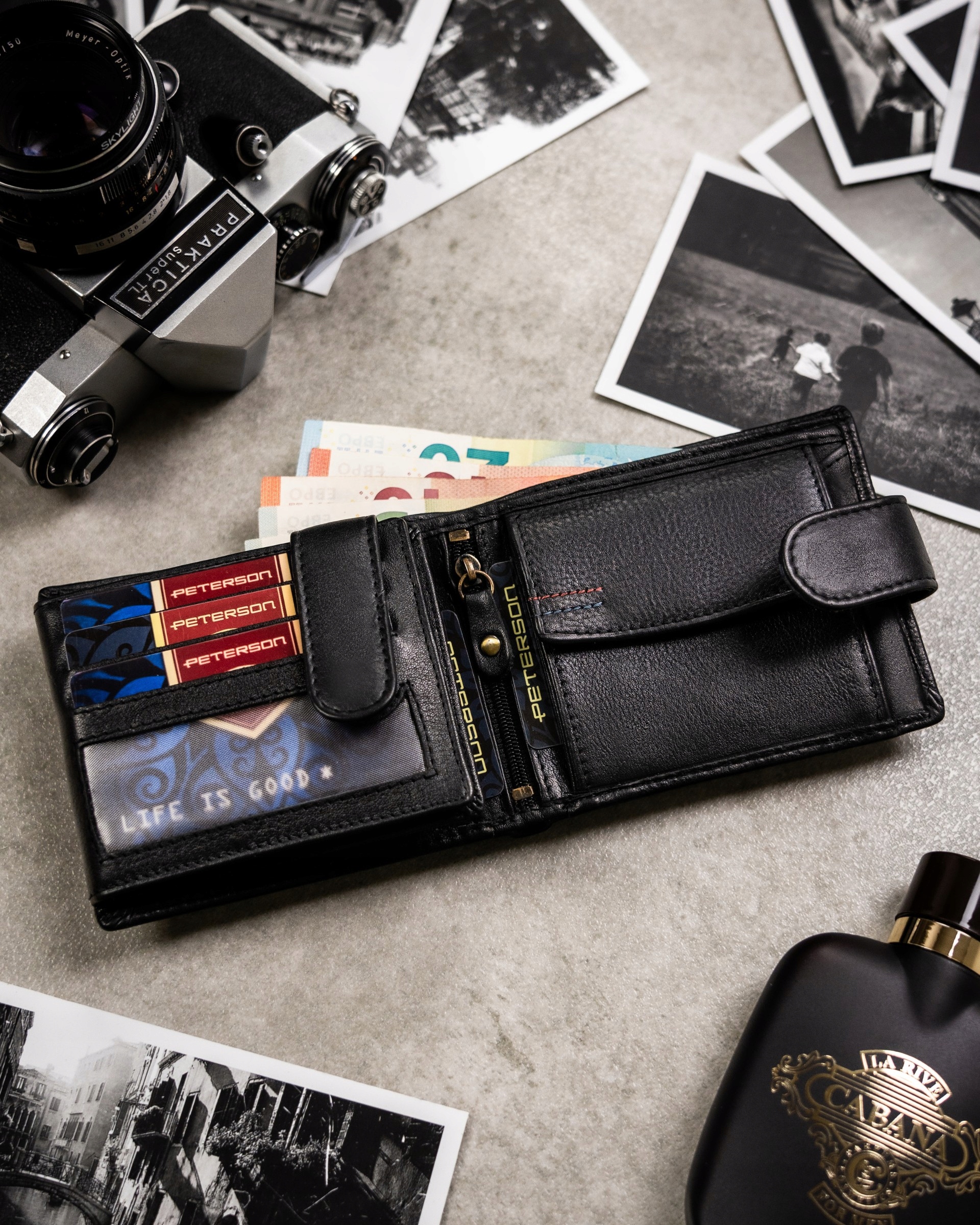 PETERSON PORĘCZNY PORTFEL MĘSKI SKÓRZANY BRELOK PUDEŁKO PREZENT CZARNY 1549 Marka Peterson