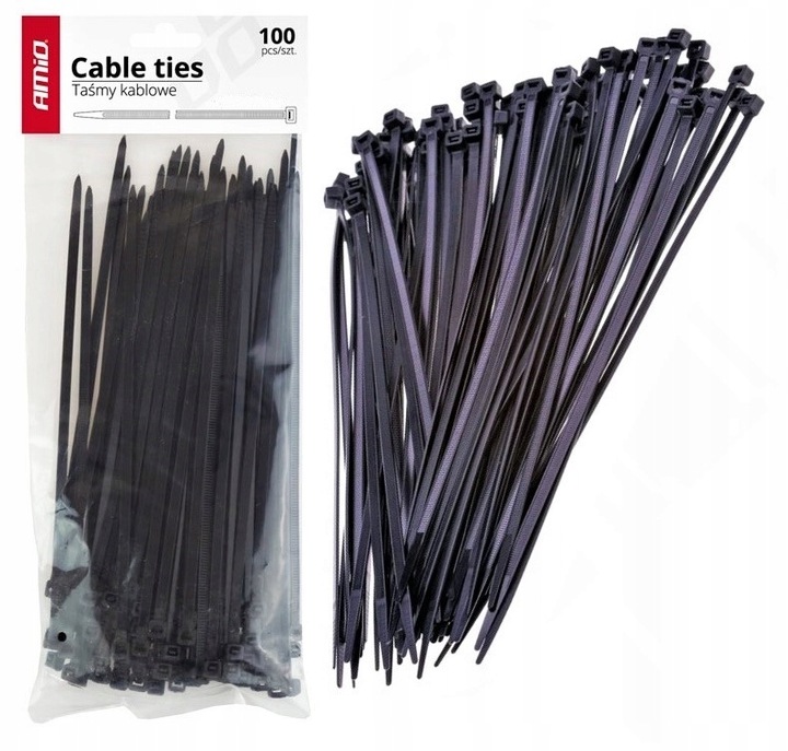 AMiO Taśmy opaski zaciskowe kablowe czarne 4,8x350mm 100 szt. AMIO-02157