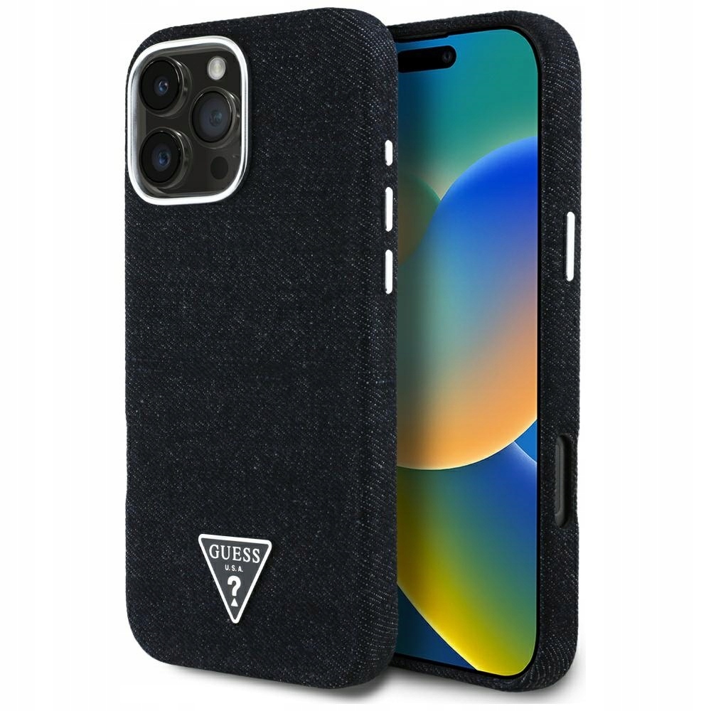 Pouzdro Guess Denim Triangle Logo MagSafe pro iPhone 16 Pro, černé