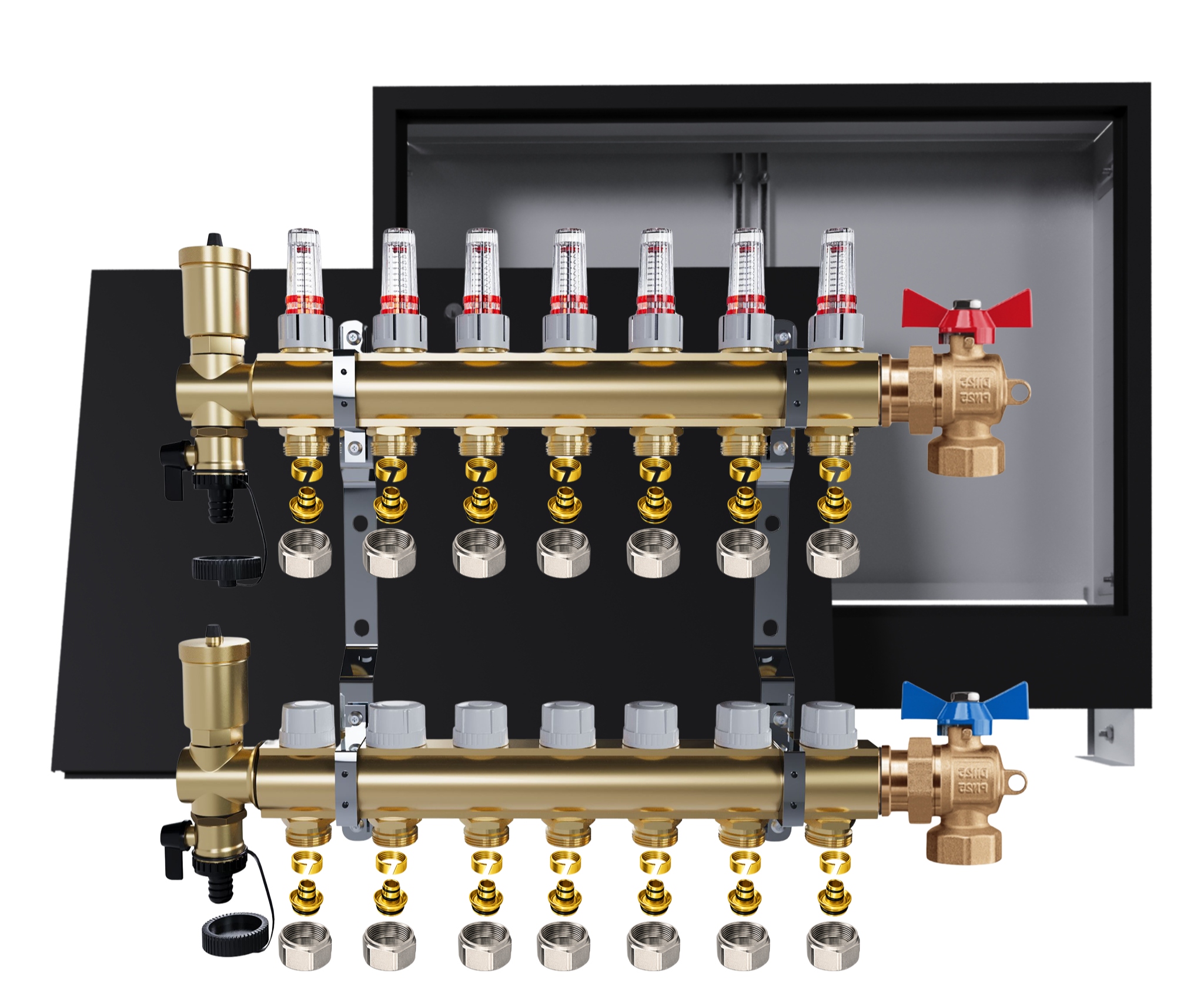 Rozdělovač podlahový mosazný 7 Podomítková skříňka černá ventily Pex