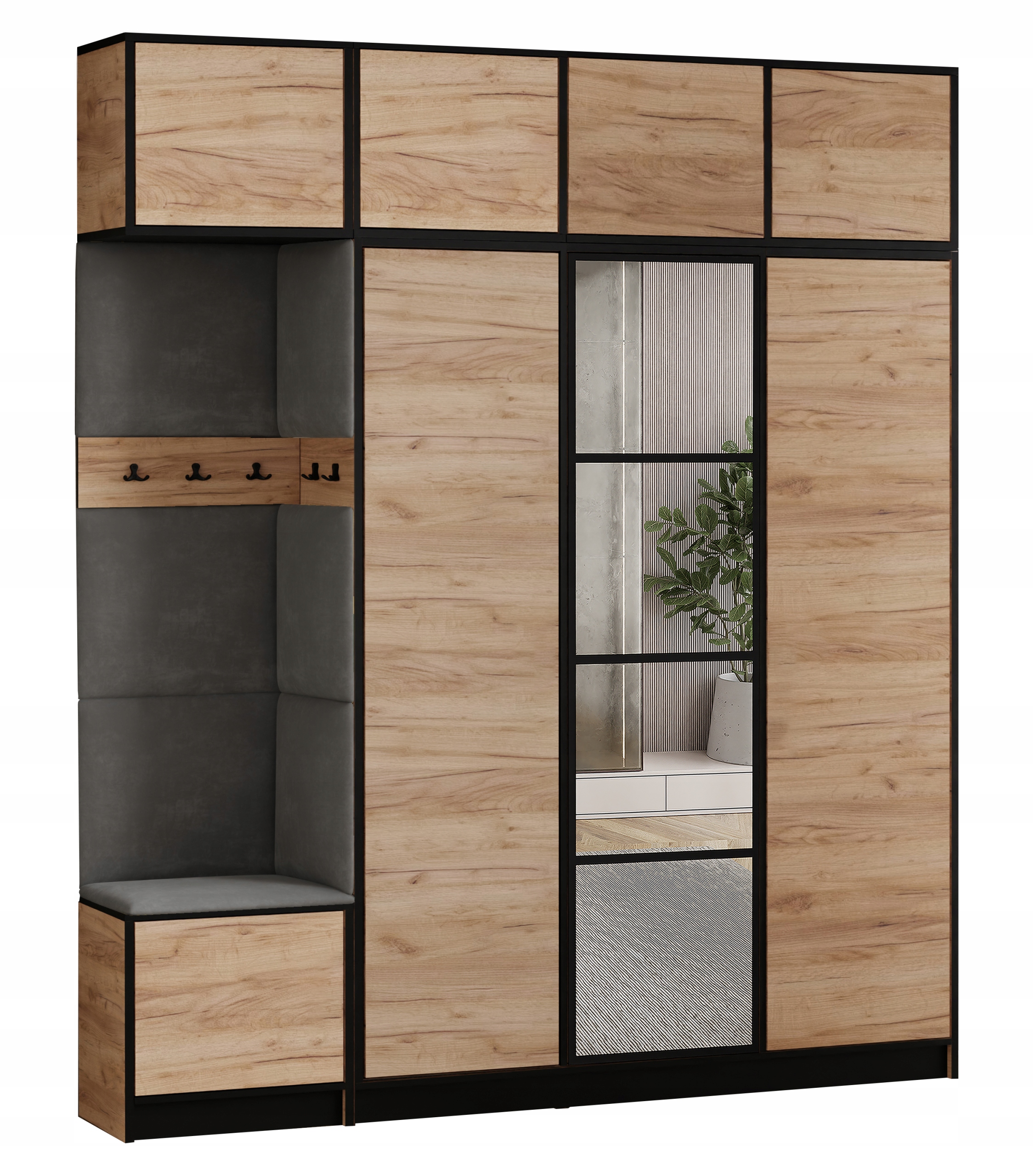 Šatní skříň Costa 14 dub craft zlatý šedá tkanina, sedák s nástavcem