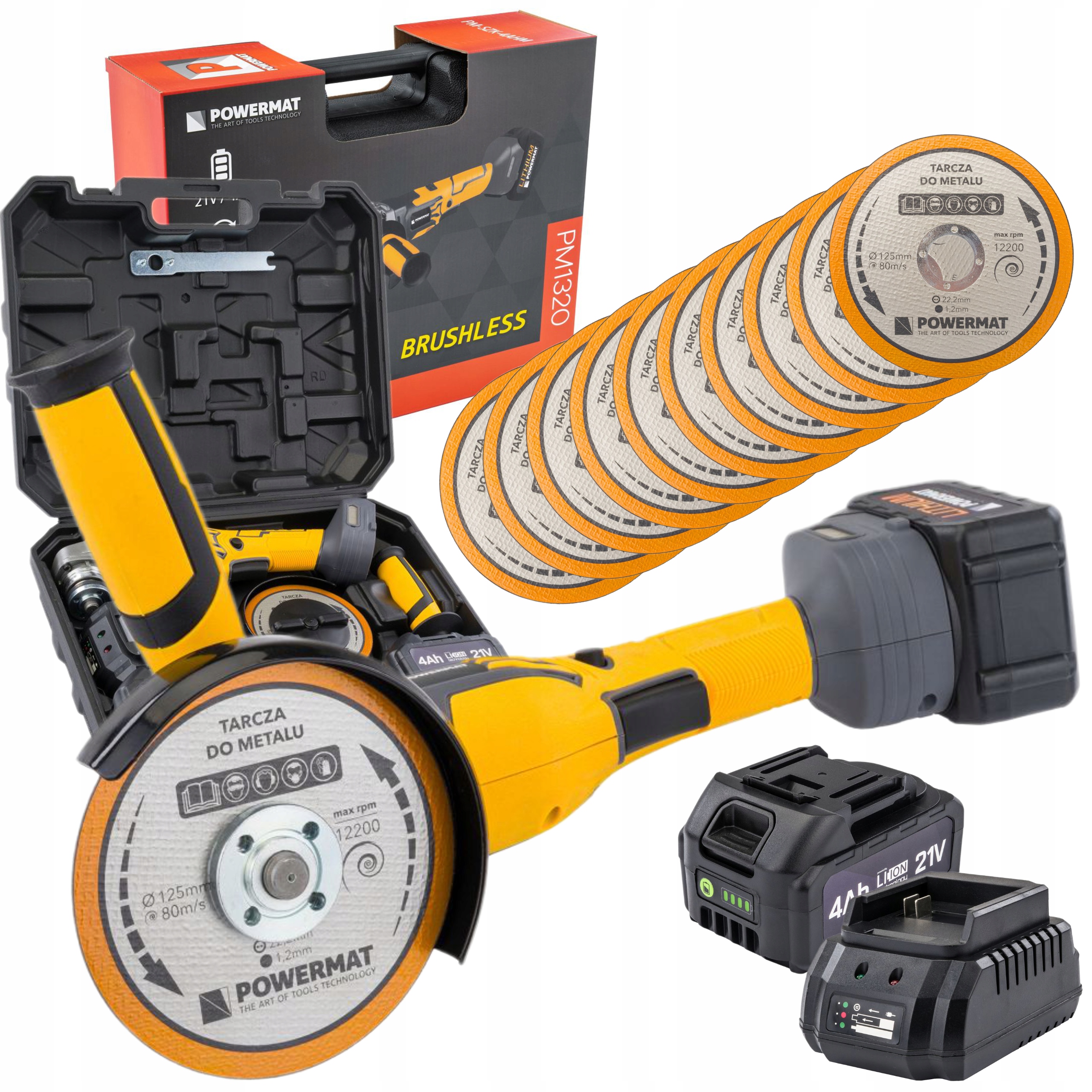 Powermat Úhlová Bruska 2xAKUMULÁTOR 4Ah 21V Kufr 10 Kotoučů SZK-4AHM
