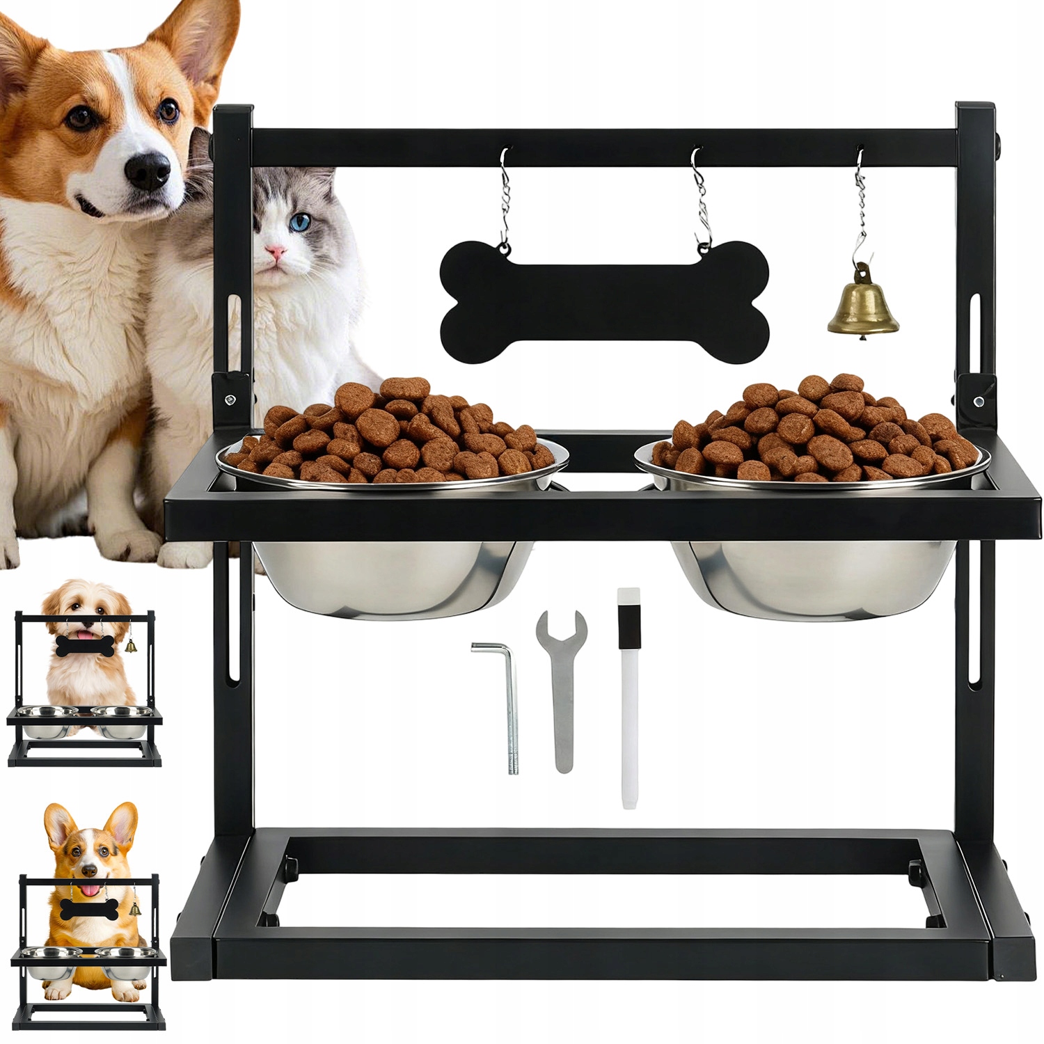Levně Stojan Na Misky Pro Psa S Výškově Nastavitelným Zvonkem, 2 Misky Z Oceli
