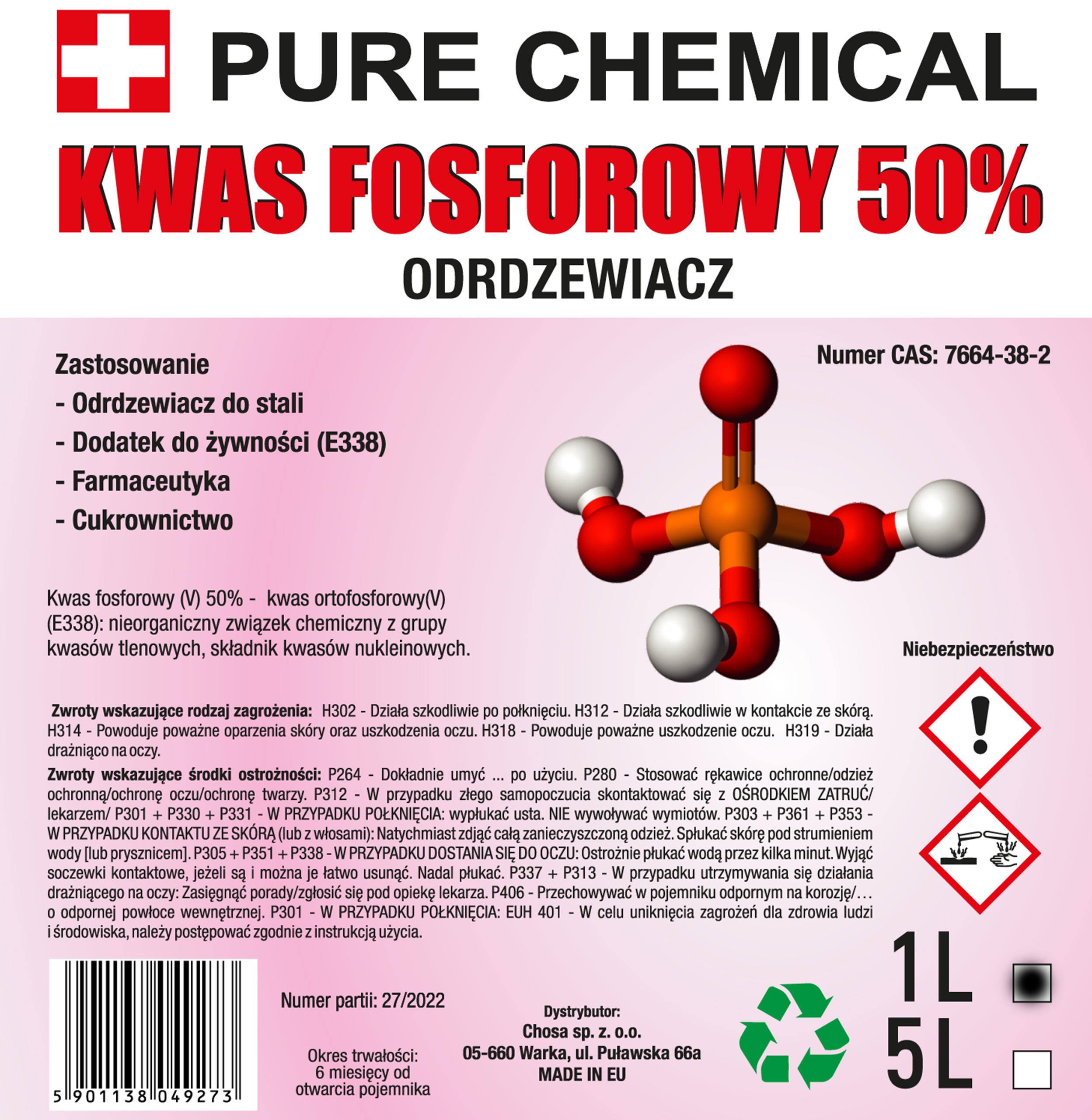 ODRDZEWIACZ DO STALII ŻELIWA KWAS FOSFOROWY 1L 50% Producent Inny