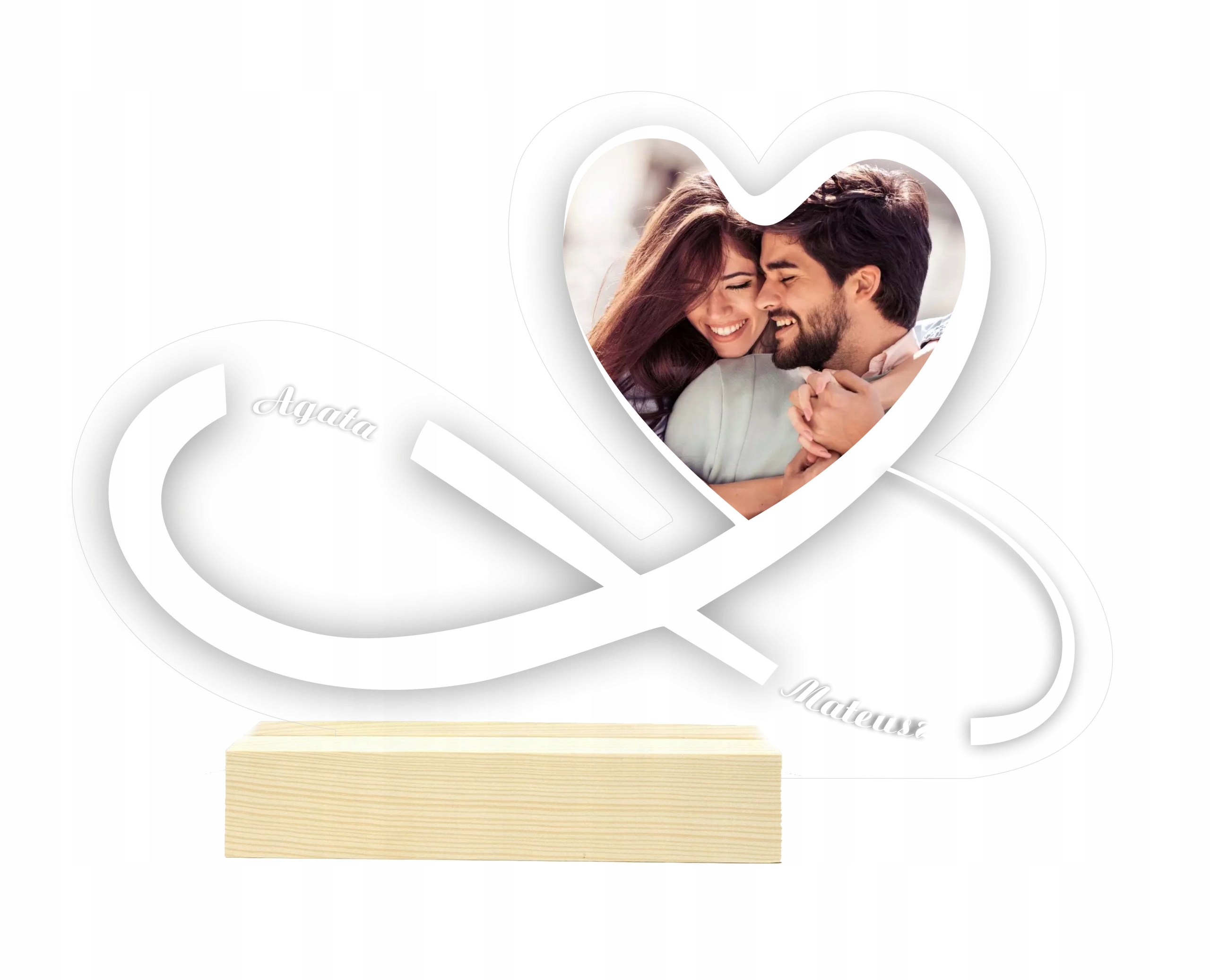 Led lampička s fotografií Jména Srdce Infinity Dárek na Valentýna dřevo