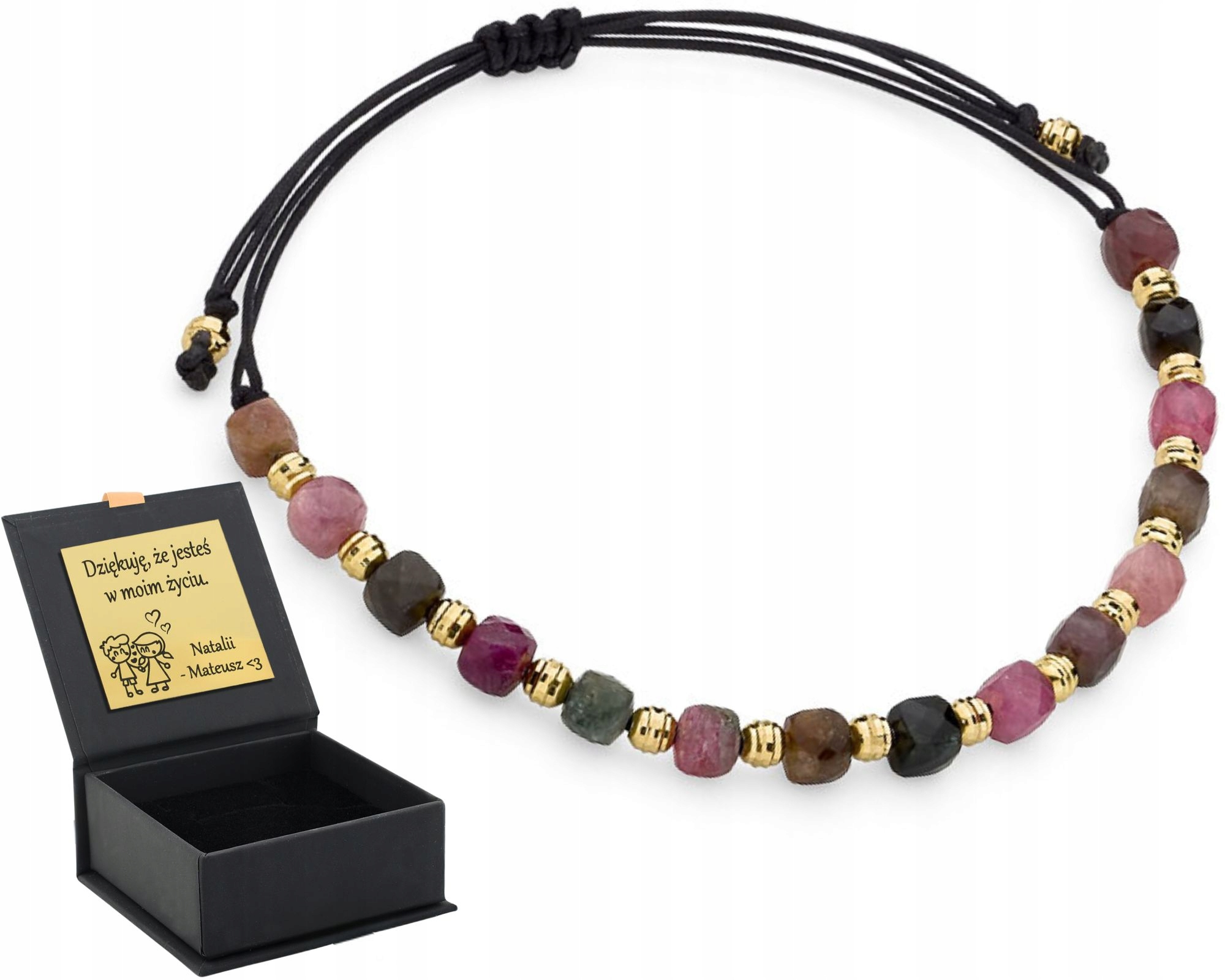 Náramek na šňůrce s turmalíny a pozlacenými kuličkami Stříbro 925