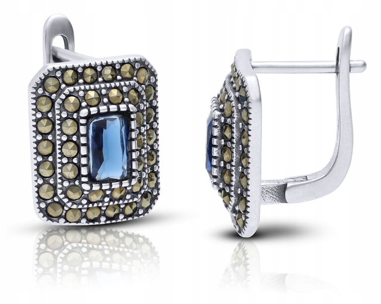 Stříbrné Náušnice Anglické Modrá Zirkon Přírodní Markazity ryzost 925