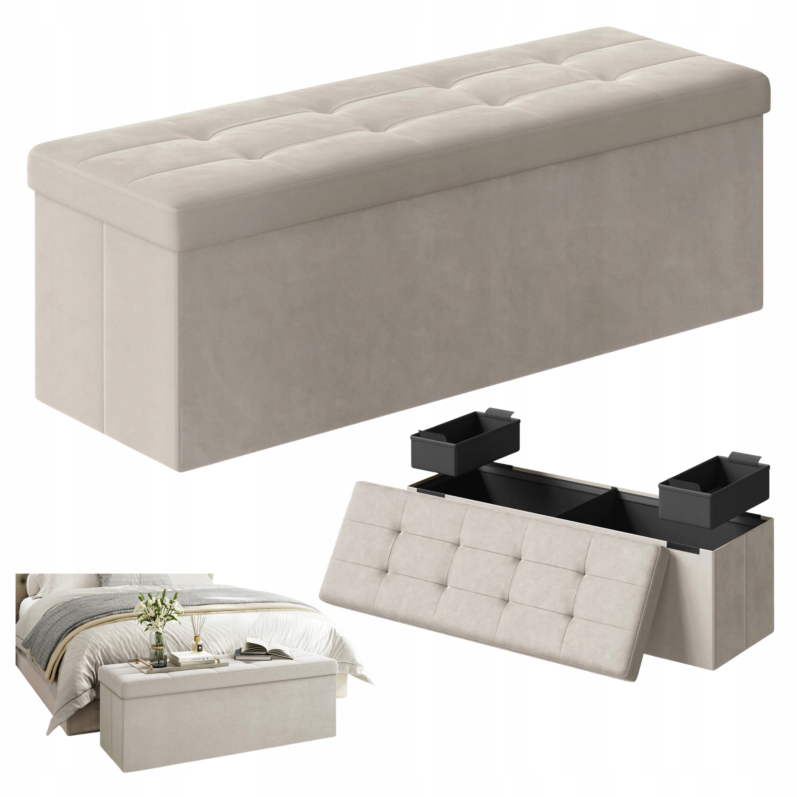 Čalúnená taburetka s úložným priestorom skladacia lavička 110x38x38 cm Pohodlná XL Béžová