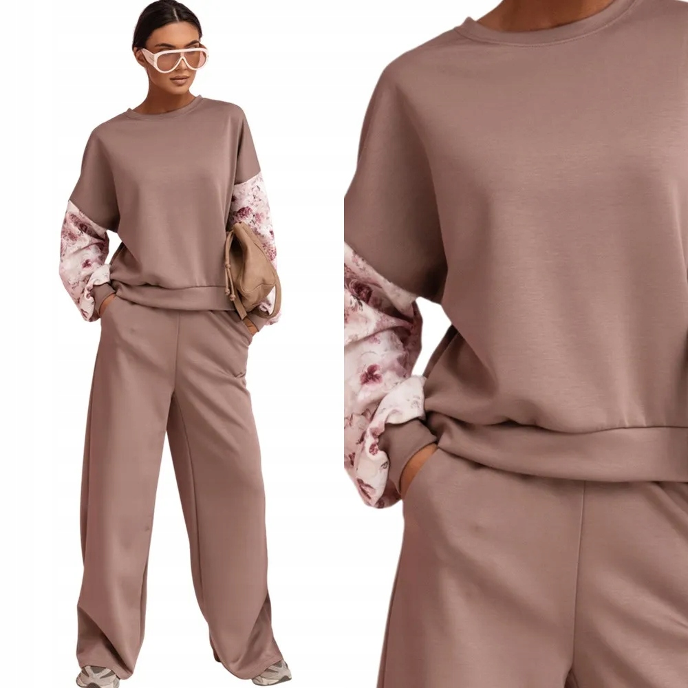 Dámský Teplákovka Komplet široké kalhoty oversize mikina S/m Béžová